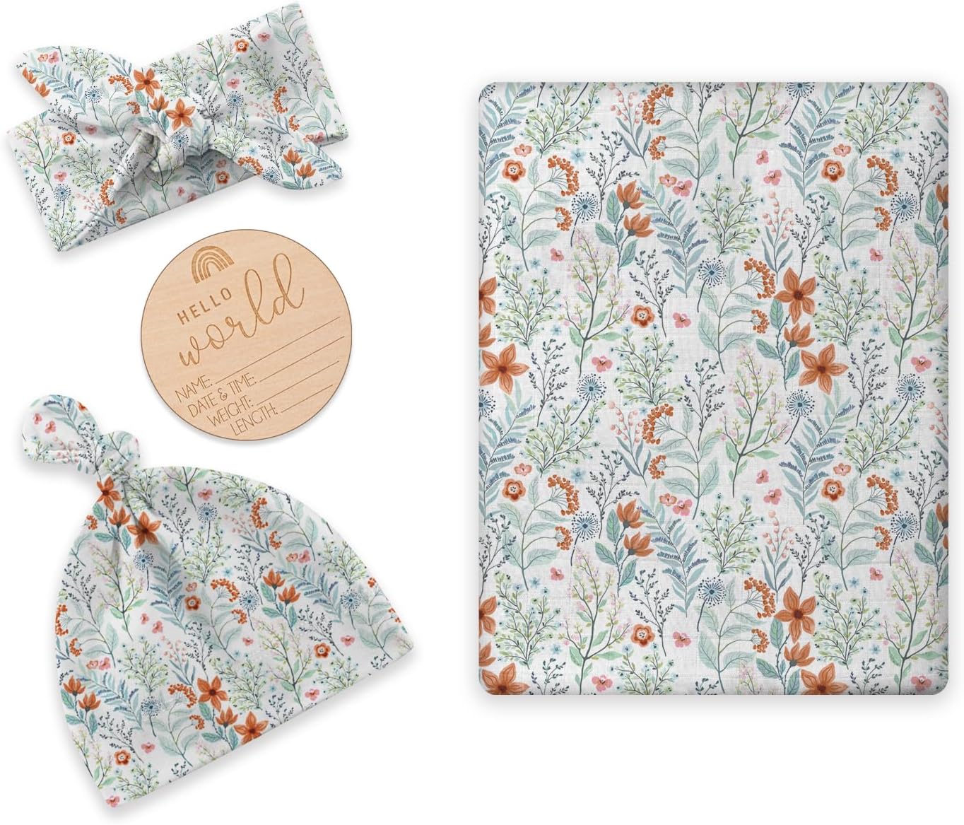 Newborn Swaddle Set with Matching Hat and Bow Set, Floral Baby Girl Newborn Receiving Blankets Baby Swaddle Nursery Wildflower Baby Blanket, Wooden Birth Announcement Card