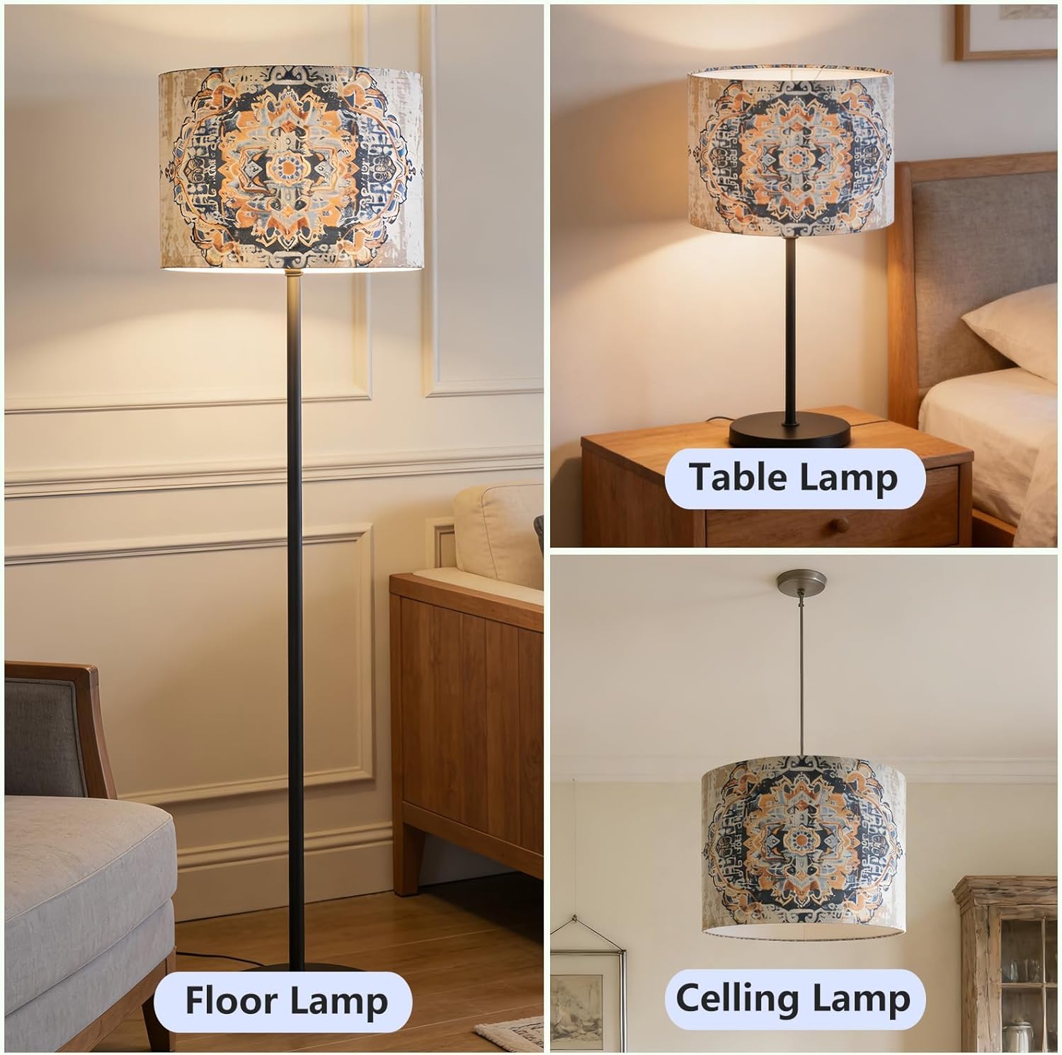 Fabric Round Drum Lamp Shades, 13x13x10in Moroccan Trellis Lamp Shades, Boho Lampshade Fit Spider and Uno, Farmhouse Lamp Shades Set of 2 for floor lamps, Rustic Lamp Shade for Table Lamps