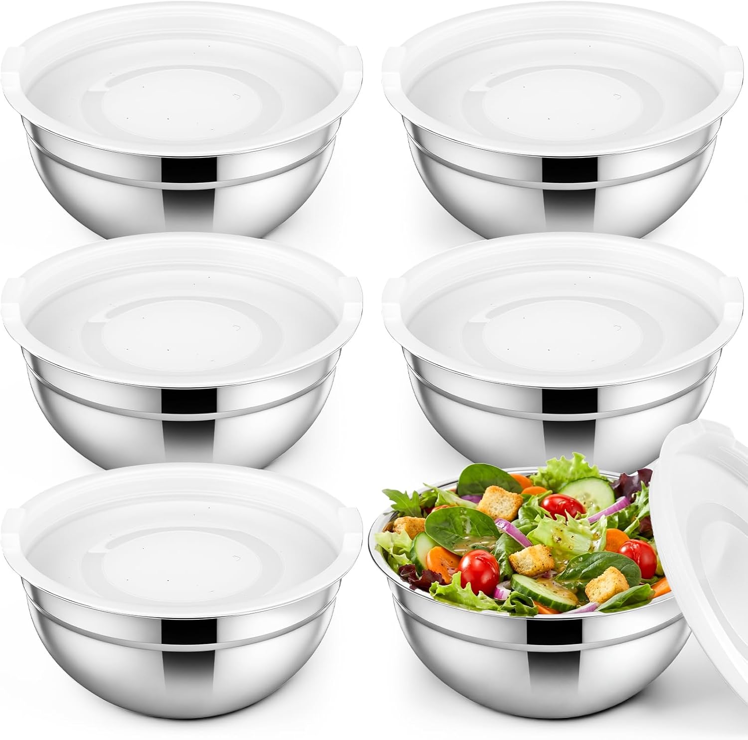 Geetery 6 Pack Stainless Steel Mixing Bowls with Airtight Lids 3qt Metal Mixing Bowl Thicker Stainless Steel Salad Bowls for Food Prep, Baking, Storage, Cooking, Serving Dishwasher Safe (White Lid)