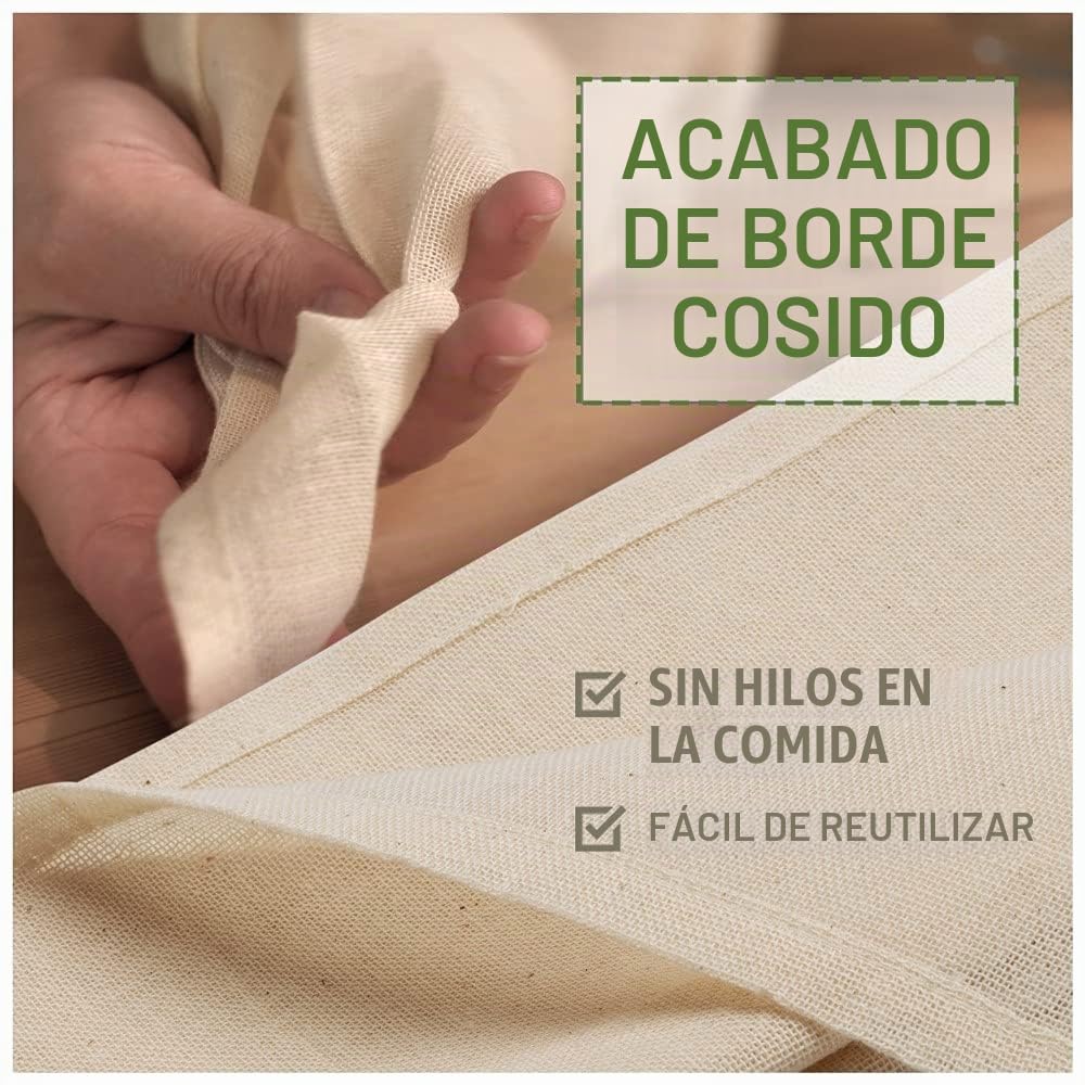 Estopilla de algodón orgánico sin blanquear para colar - 2 cuadrados reutilizables con dobladillo, certificado GOTS, colador fino reutilizable – Grande 58 cm x 58 cm