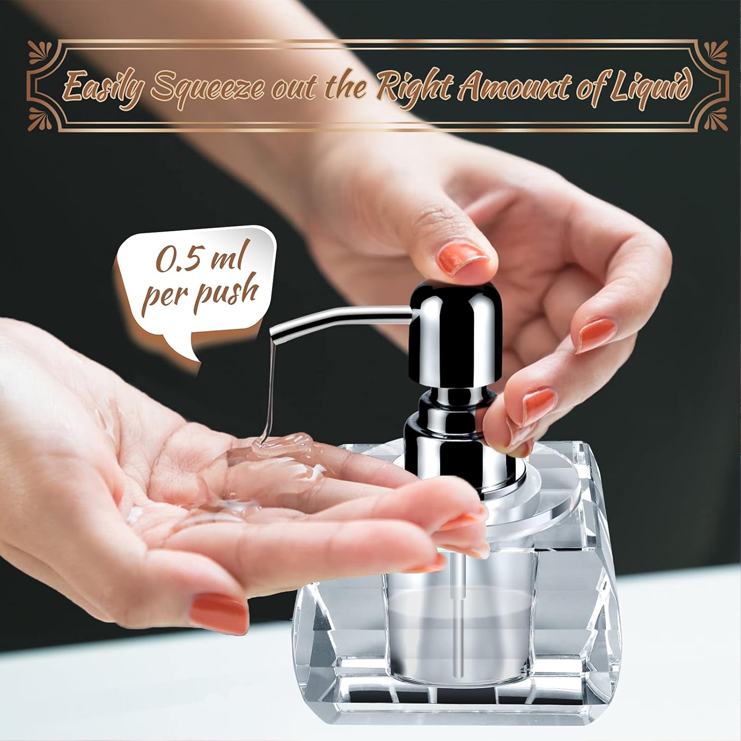 QTQZDD Crystal Glass Soap Dispenser for Bathroom, Modern Decorative Hand Soap Dispenser with Rust Proof Stainless Steel Pump, Lotion Dispenser for Kitchen Hotel Club Ornaments-Clear Glass
