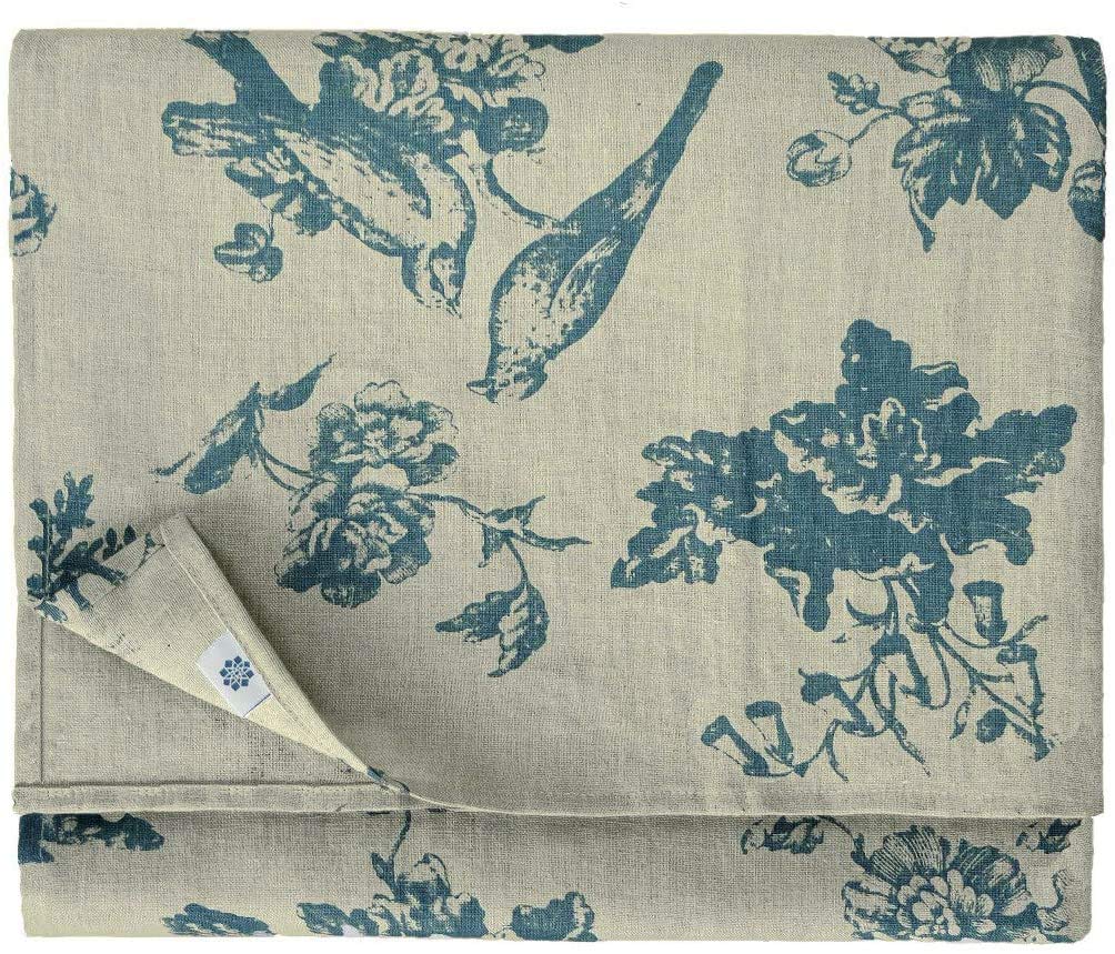 LINEN & COTTON Tovaglia da Tavola Shabby Chic Flores Motivo Floreale -100% Lino, Beige Blu (140 x 300 cm) Tovaglia di Stoffa Rettangolare Grande Lunga 3 Metri per Cucina Tavolo da Pranzo Soggiorno