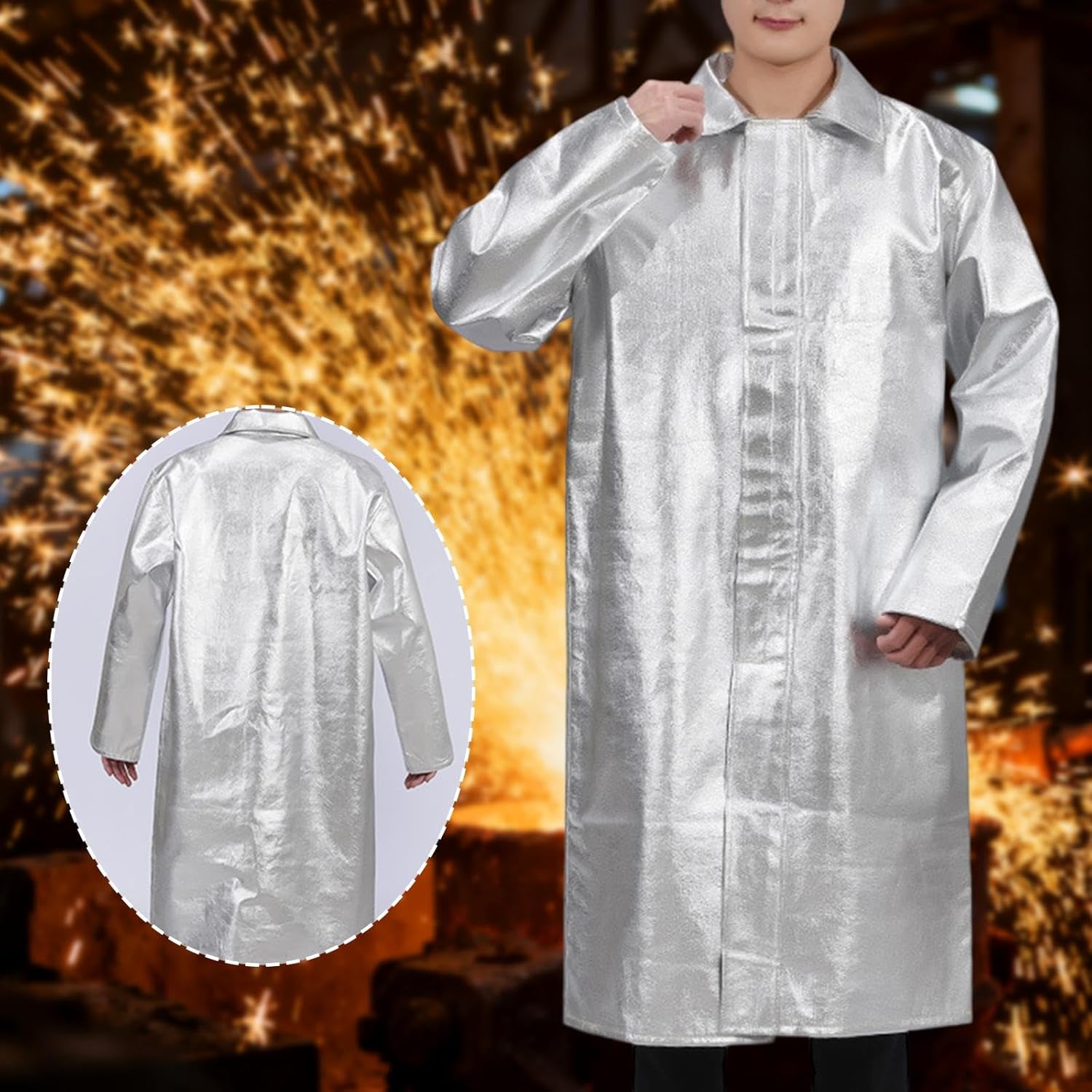 [Mupingfenglan] 耐熱エプロン アルミ箔素材 高温対応 防炎機能 熱絶縁性 保護服 防水設計 溶接 鍛造 金属加工 彫