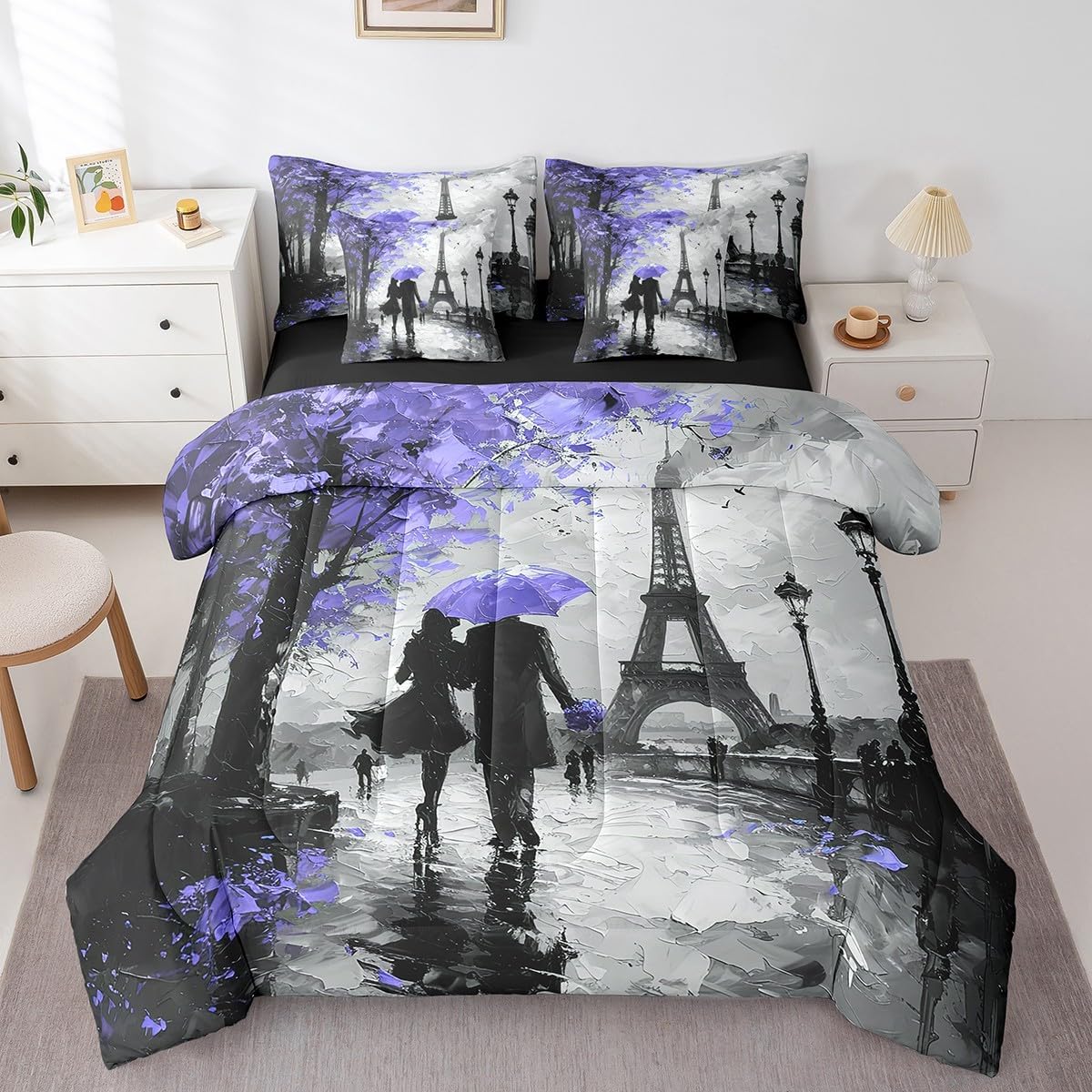 Feelyou Eiffel Tower Bedding Set Queen Size 7 Pieces Couple Purple Romantic Paris Valentine's Day Comforter France Trip Bed in a Bag with Comforter, Sheets, Pillowcases & Cushion Cover