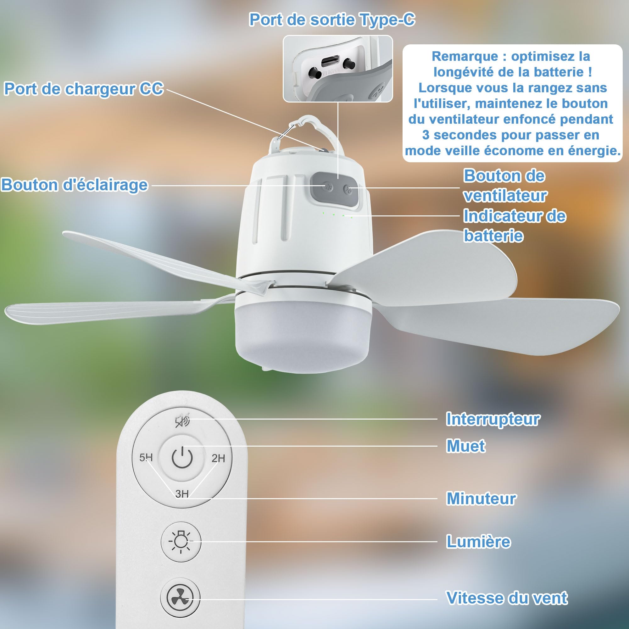 Gliztech Ventilateur de Plafond Extérieur 50CM, 20000mAh avec Lampe et Télécommande Silencieux, Ventilateur Silencieux Plafond, Pergola, Terrasse, Tente ou Parasol