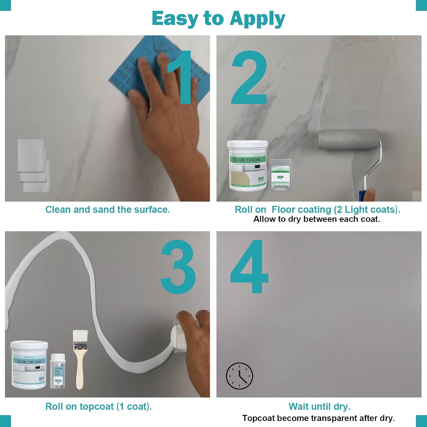 NADAMOO Two-part Floor Coating Kit with Clear Sealer, for Kitchen Bathroom Laundry Porcelain Tile Floor, Semi-Gloss Light Gray, with Tools