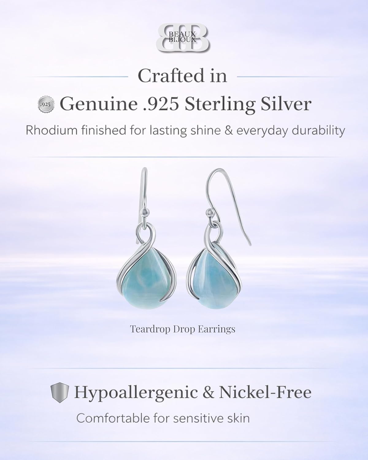 Beaux Bijoux Larimar Drop Earrings in Sterling Silver – Natural Blue Gemstone - Unique Dangle Earrings for Women