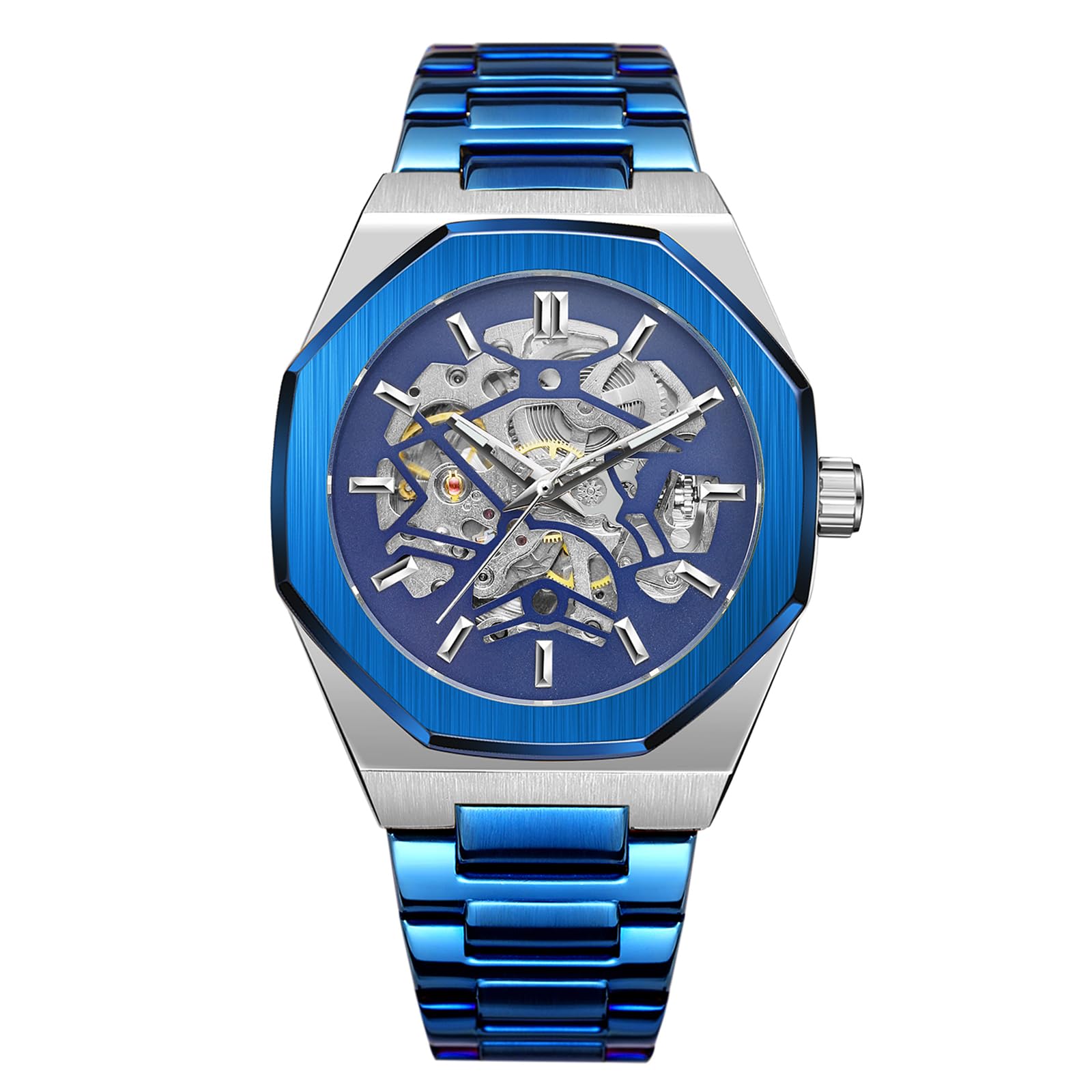 Mechanische Herrenuhr, selbstaufziehende Armbanduhr für Herren, achteckiges Gehäuse, Edelstahlband, Skelett-Design, Uhren