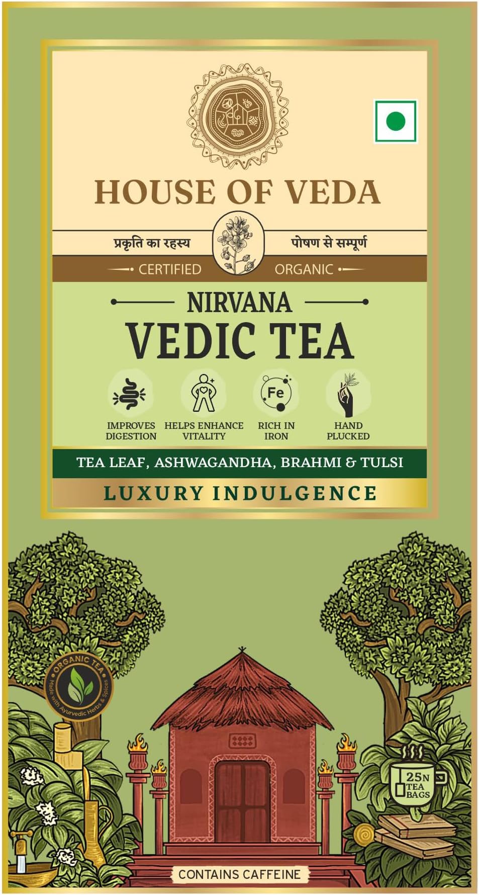 House of Veda Organic Vedic Green Tea with Ayurvedic Herbs | 25 Tea Bags - Organic, Antioxidant-Rich, Immune Boosting, Stress Relief, Metabolism Support, Detoxifying, Natural Energy, Sustainably Sourced