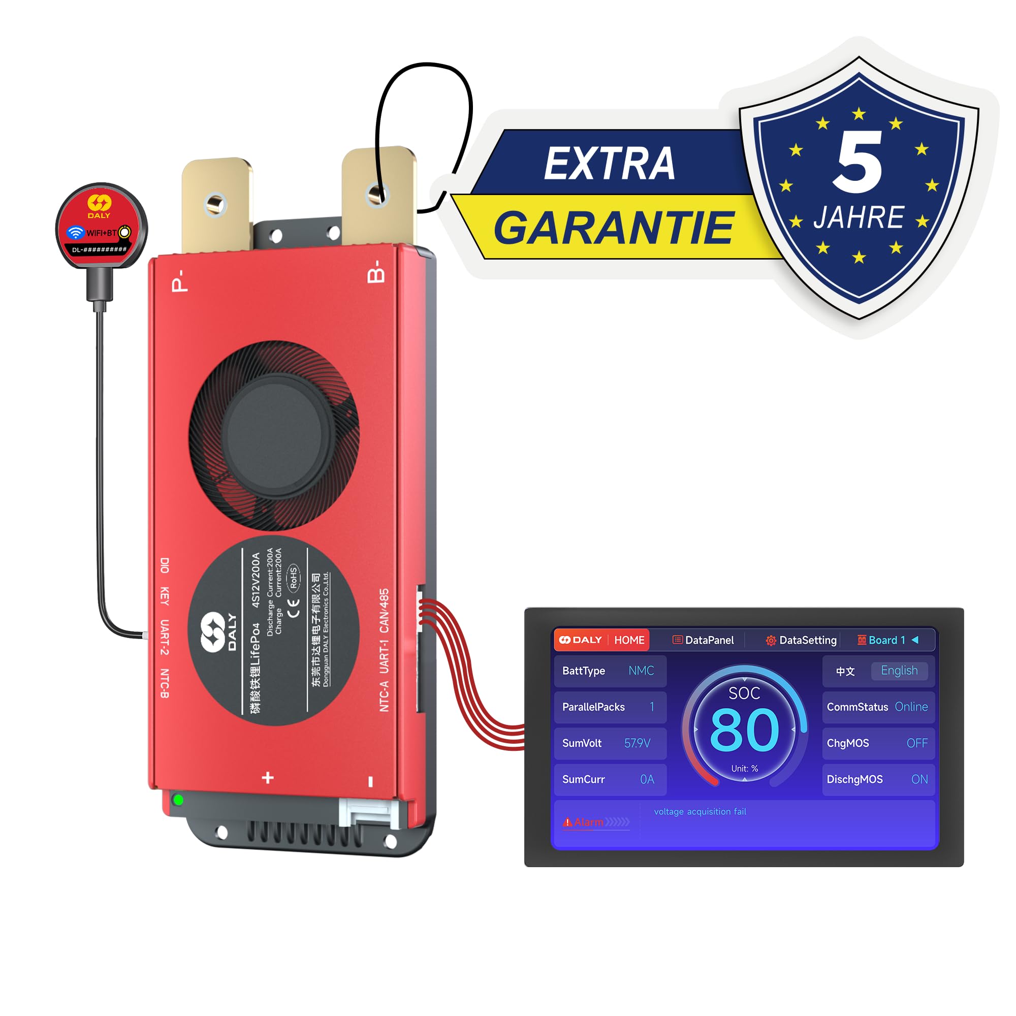 DALY BMS 12V 4S 200A - BMS Inteligente con Pantalla táctil LCD de 4,3 Pulgadas, módulo WiFi Bluetooth Compatible con RS485 Can para LiFePO4 de 12V Energía para Casas rodantes
