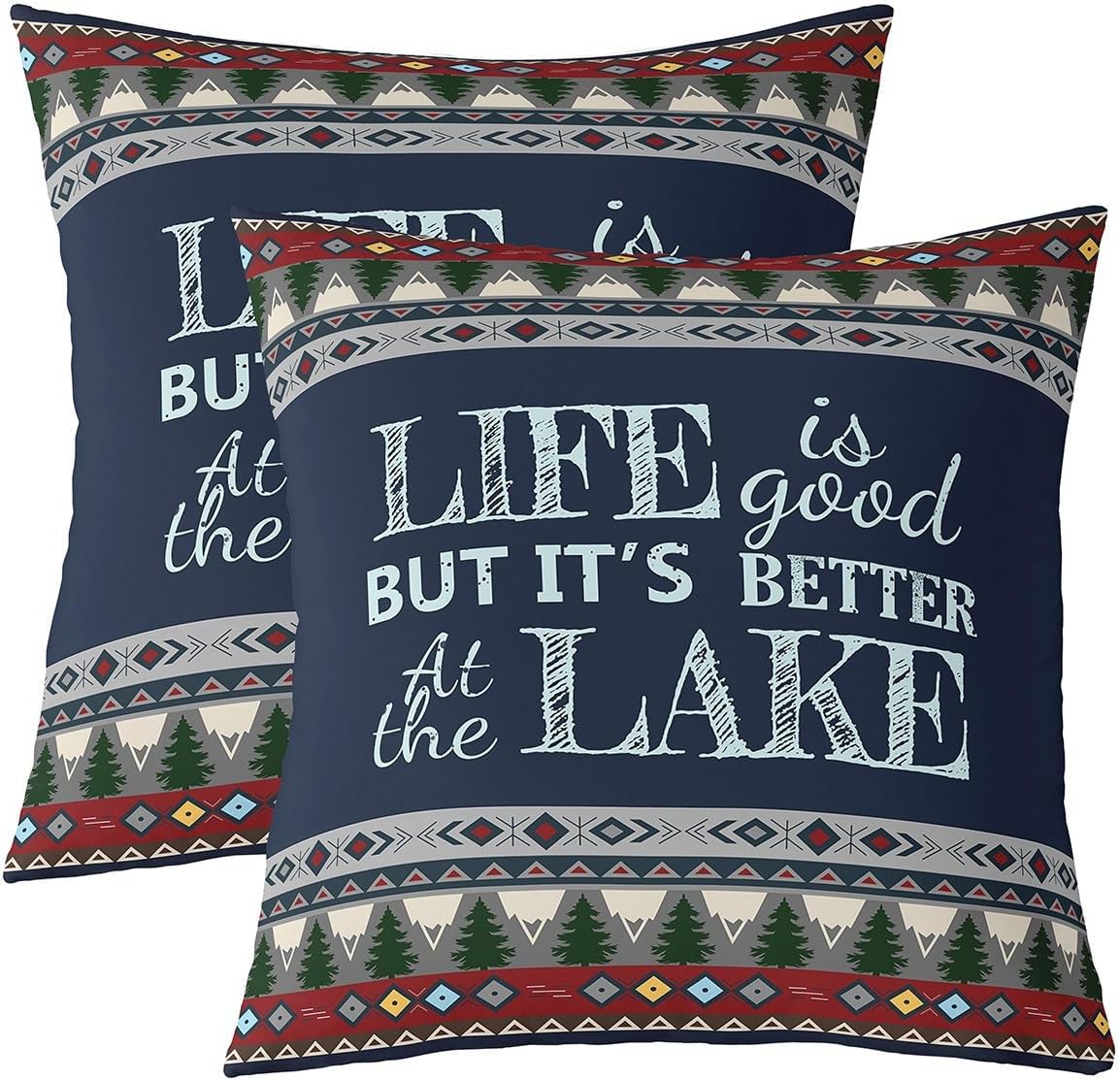 Erosebridal Lake Square Pillow Cases,Lake House Western Aztec Throw Pillow Covers 24x24 inch Set of 2,Southwest Woodland Tree Pillow Covers,Retro Farmhouse Tribal Cushion Cases for Bed