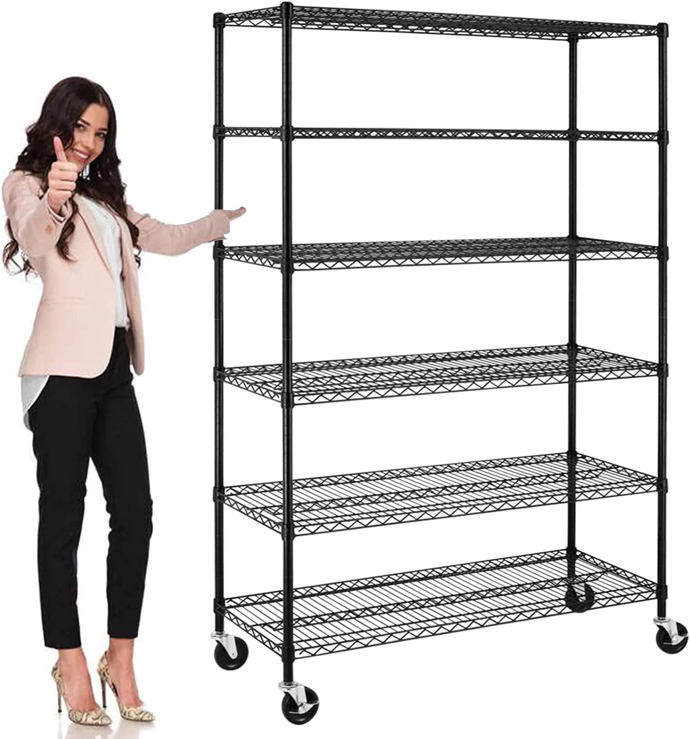 Storage Shelves 6000lbs Capacity, 6 Tier Metal Shelf on Casters 48" L×18" W×76" H