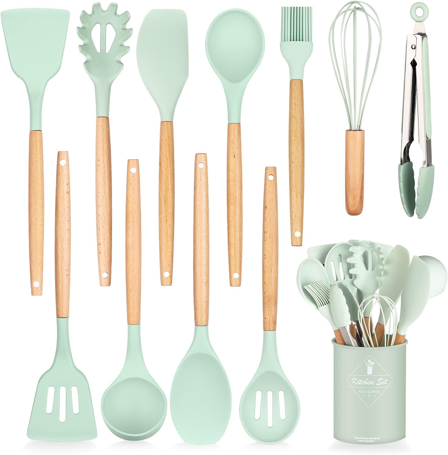 Henshow kitchen utensils sets silicone, 12pieces - nonstick non scratch cookware kitchen tool with wooden handle (Mint color) ‎4 x 4 x 2 cm , Small