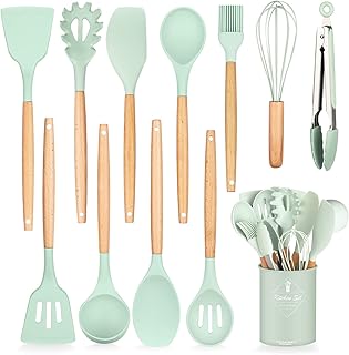 HENSHOW Zestawy przyborów kuchennych, silikonowe, 12 sztuk, zestaw przyborów kuchennych, z uchwytami na przybory kuchenne, nieprzywierające i odporne na zarysowania, narzędzia kuchenne z drewnianym uchwytem (kolor zielony)