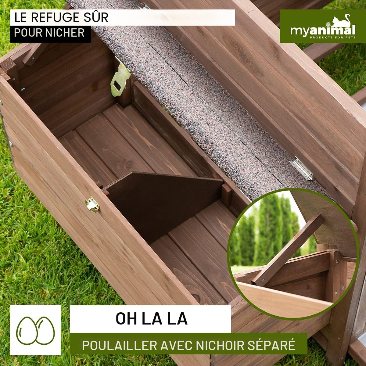 Miweba MyAnimal Poulailler MH-11 avec pondoir | pour 3 Poules - Nichoir séparé - 2 perchoirs - Résistant à l'hiver - Maison pour Poules - Bois de pin - Volière - Trappe (Marron foncé)