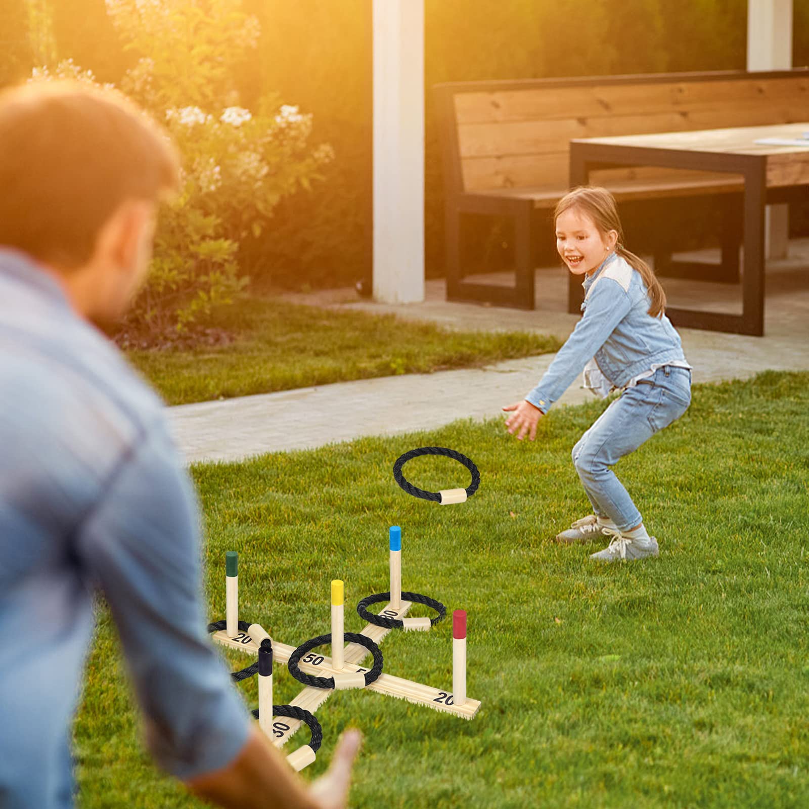 Jeu de lancer d'anneaux en bois avec 5 anneaux en nylon et 5 barres colorées, amusant pour enfants et adultes