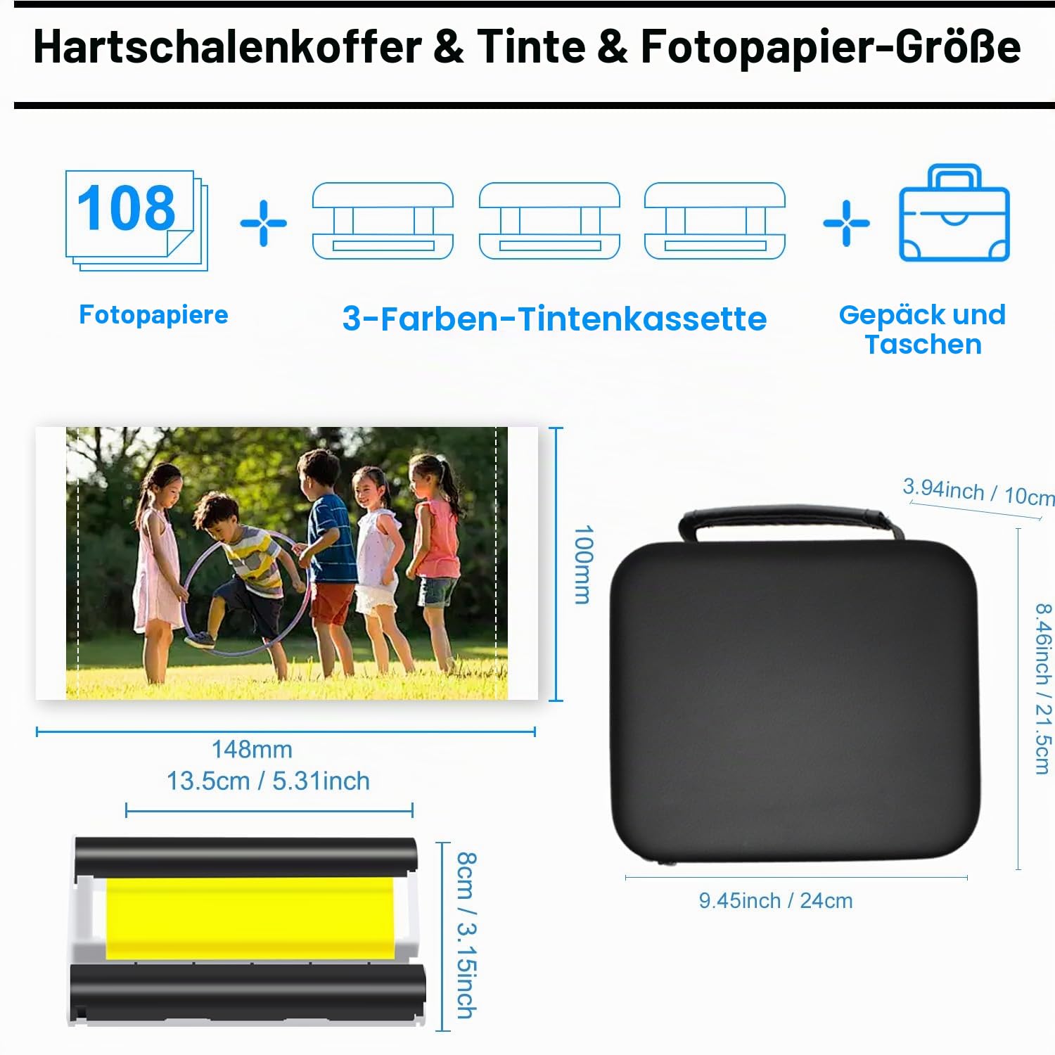 Kompatibel für Canon Selphy CP1500 CP1300 Tinte & Papier & Hartschalenetui, KP-108IN KP108 3 Farbtintenpatronen und 108 Blatt 4x6 Fotopapier und Black Handschutzbox für Selphy CP1200 CP1000