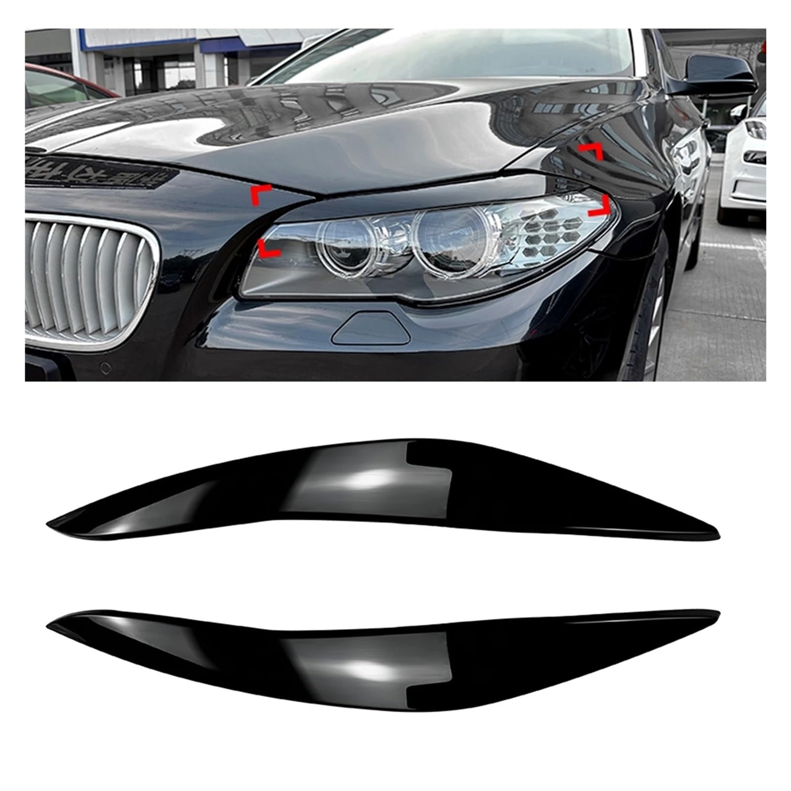 2PCS Scheinwerfer Augenlid Augenbraue Trimmen Auto Front Kopf Lampe Abdeckung Deckel Scheinwerfer Stirn Aufkleber Compatible With 5 Series f10 F11 2011-2014(Glossy Black)