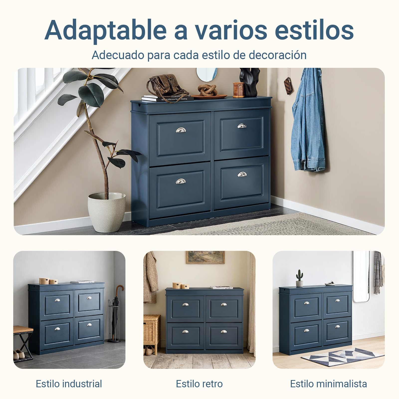 SoBuy Mueble Zapatero Estrecho con Cajón y Ganchos – Zapatero Estrecho Entrada Recibidor de 4 Puertas para 16 Pares – Mueble Recibidor Entrada Azul MDF 104x24x83cm – FSR79-B