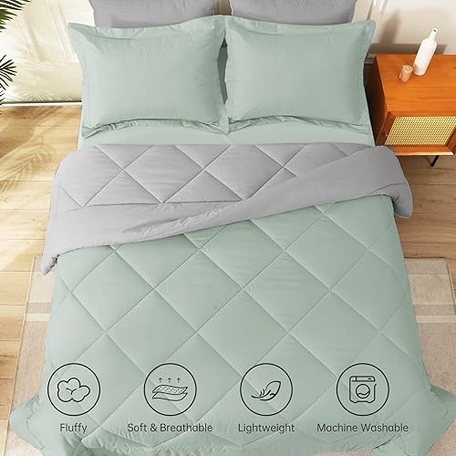 Miniatura 7 de JOLLYVOGUE Juego de edredón tamaño Queen verdegris claro, juego de cama reversible en una bolsa para todas las estaciones, juego de cama de 3 piezas