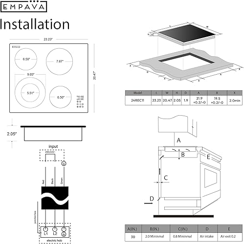 Miniatura 6 de Empava Cocina eléctrica de 24 pulgadas, 4 quemadores con zona de doble anillo, temporizador, bloqueo para niños, parar y continuar, vidrio cerámico