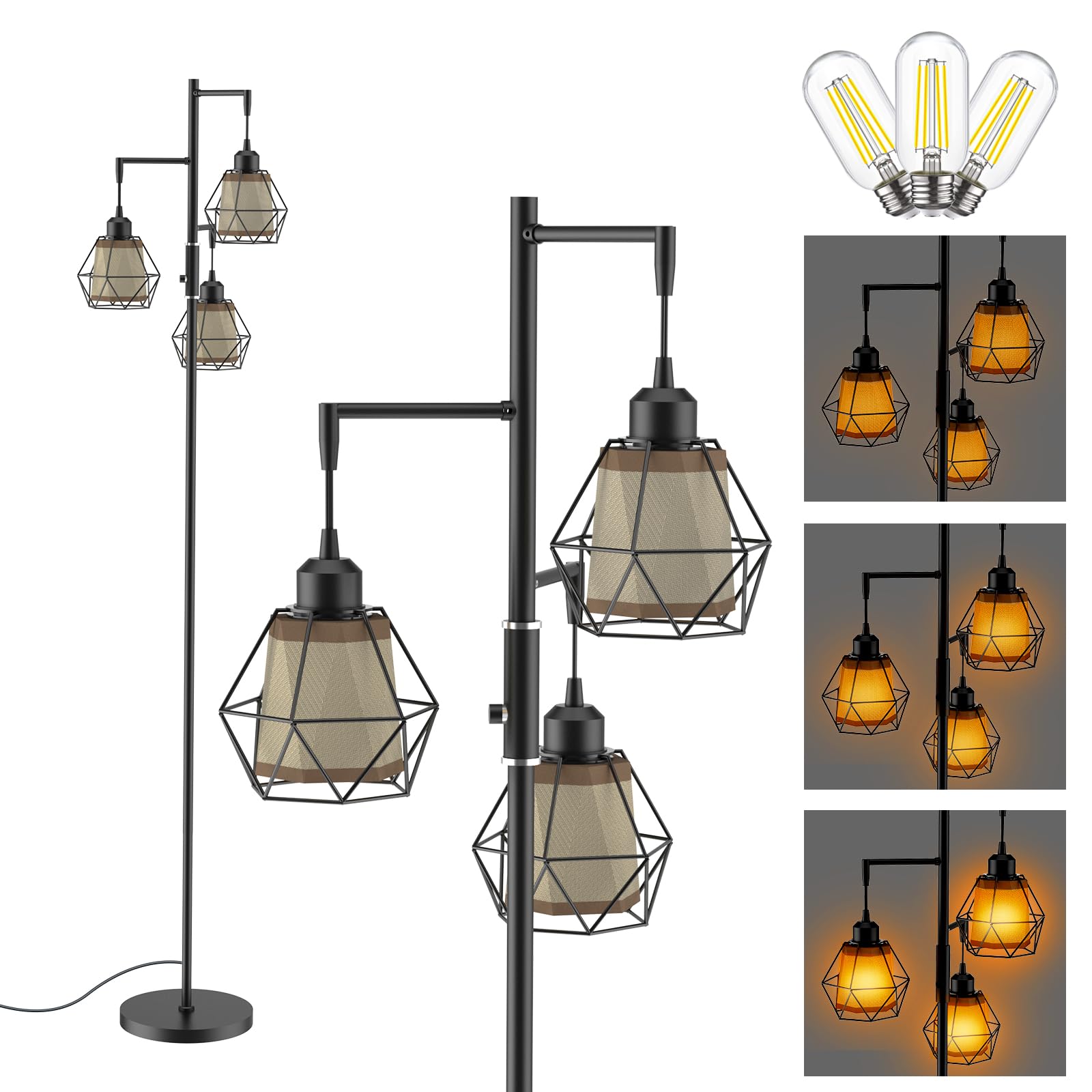 68’’ Dimmable Farmhouse Floor Lamp for Living Room, Vintage Industrial Floor Lamps Rustic Modern Standing Lamps Home Decor for Bedroom, Office -Black (E26 Bulbs & Lampshades Included)