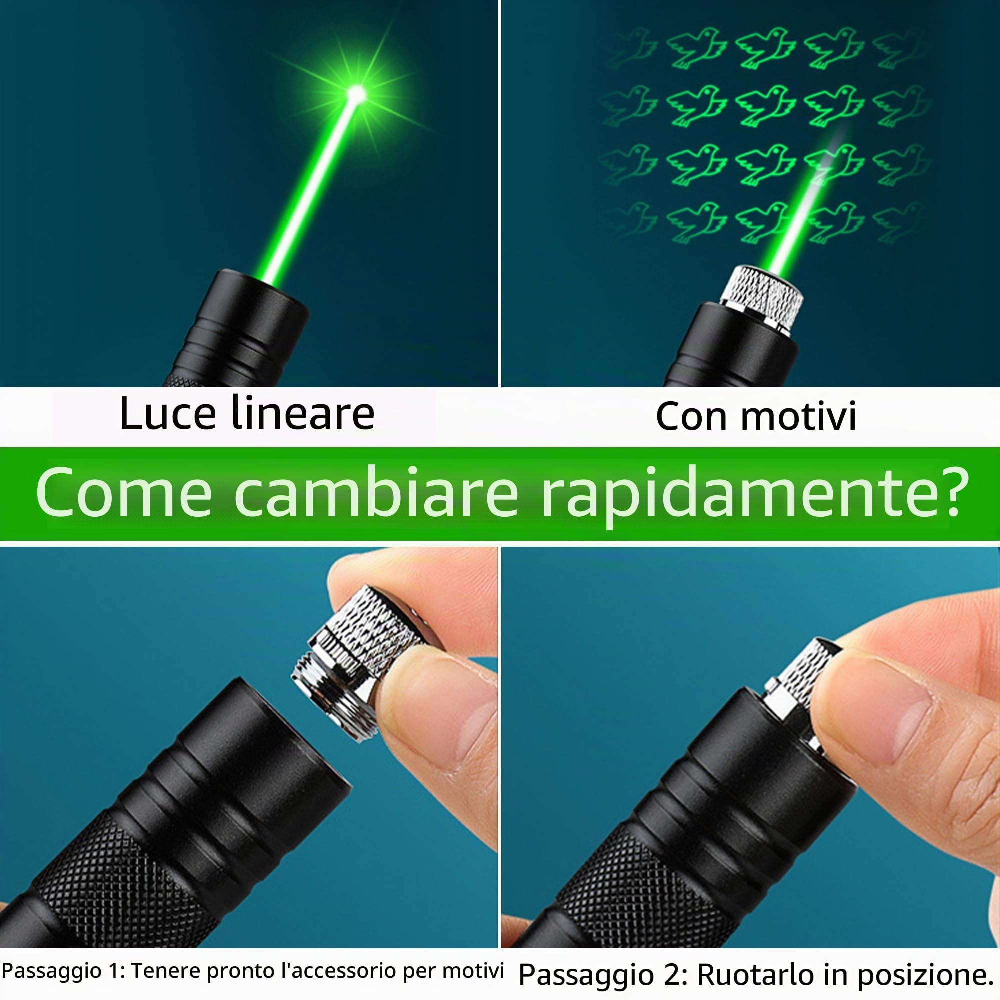 Torcia a LED con luce verde – potente puntatore verde con cappuccio a 2 stelle intercambiabile, indicatore ricaricabile USB, penna da presentazione per astronomia, edilizia, attività