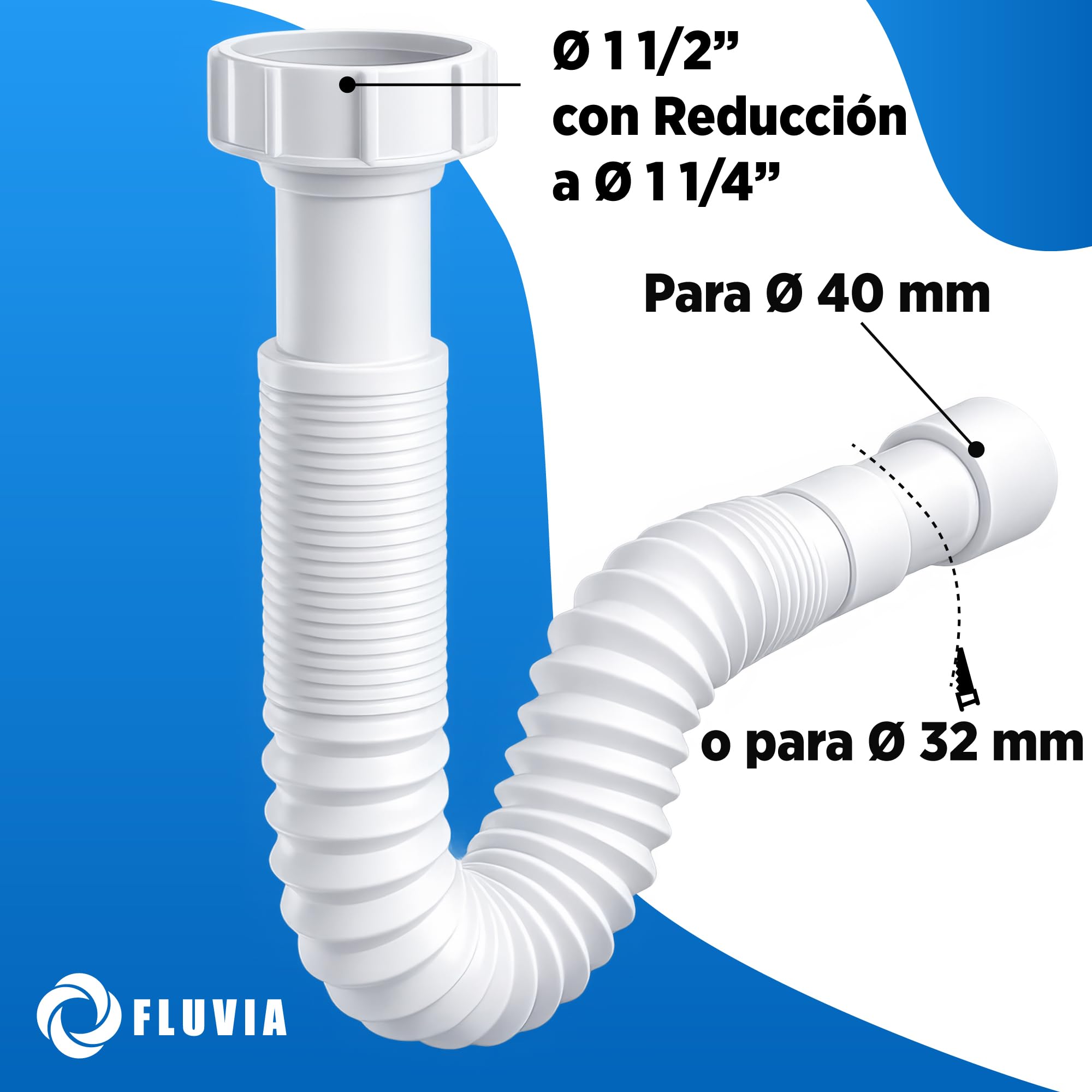 Sifon Tubo Flexible Extensible Universal para Lavabo Fregadero Cocina Desague 1 1/4" y 1 1/2" Salida 32 40 mm Tubo Ajustable Antiolor Bide Baño Instalacion Rapida PVC Resistente