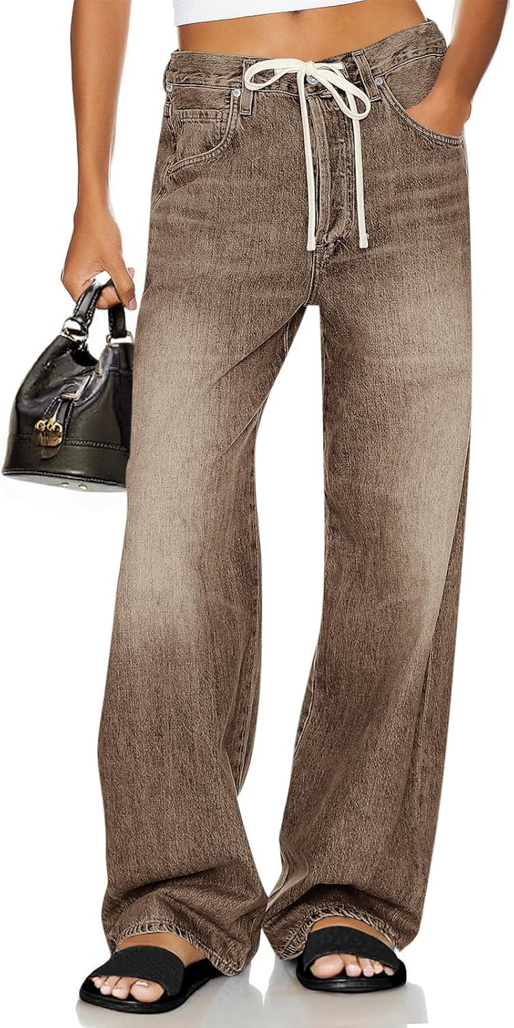 Cicy Bell Womens Wide Leg Jeans Drawstring High Waisted Baggy Straight Leg Jeans Trendy Boyfriends Denim Pants with Pockets