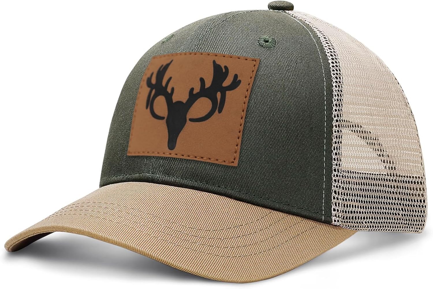 Hunting Deer Hat, Snapback Trucker Hats Leather Patch Mesh Baseball Cap Hunter Gifts for Men Dad Grandpa - Image 2