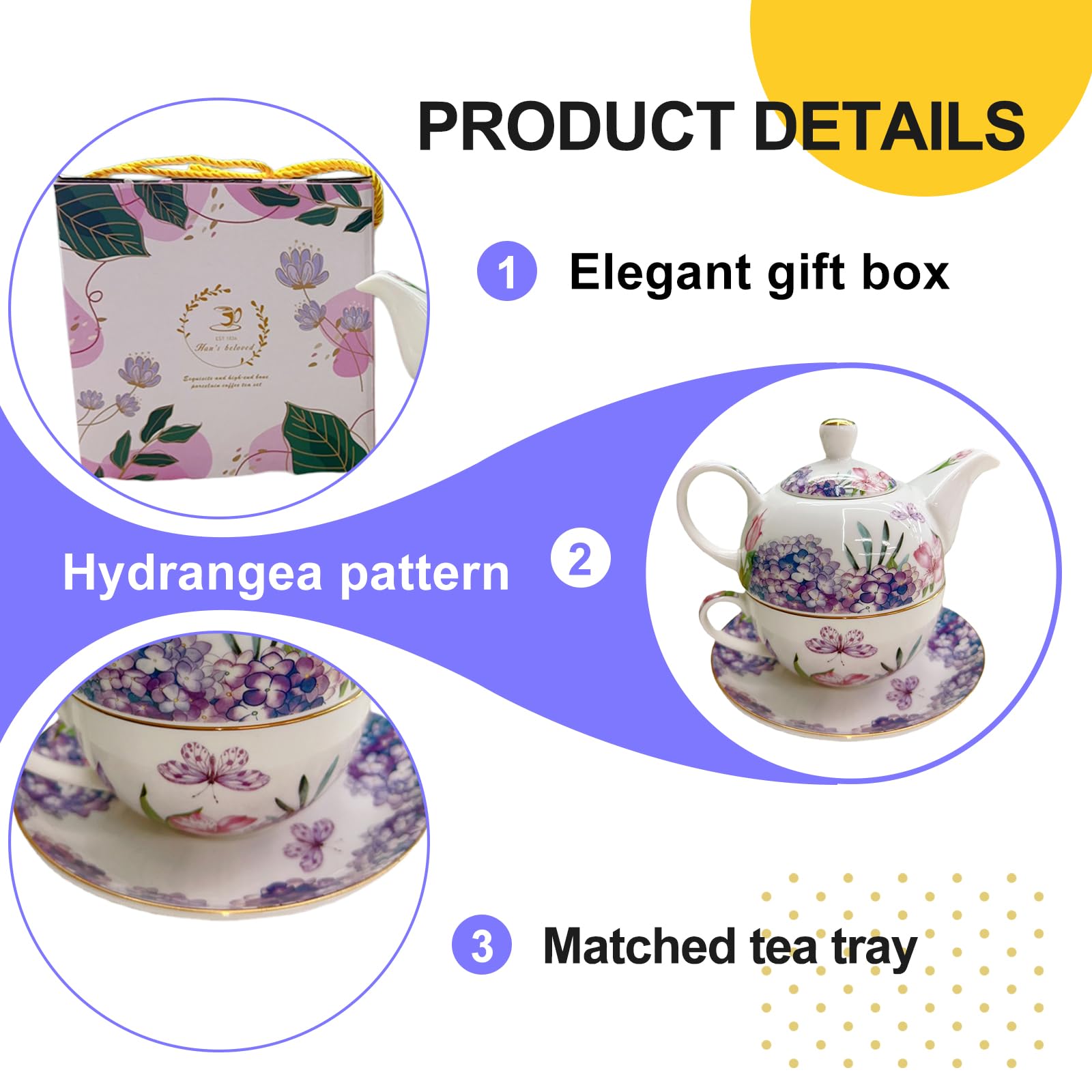 Service à thé pour une personne - Motif floral - Théière en céramique de 400 ml avec tasse de 250 ml - Service à thé en porcelaine pour le thé de l'après-midi - Cadeau pour femme - Vaisselle à café