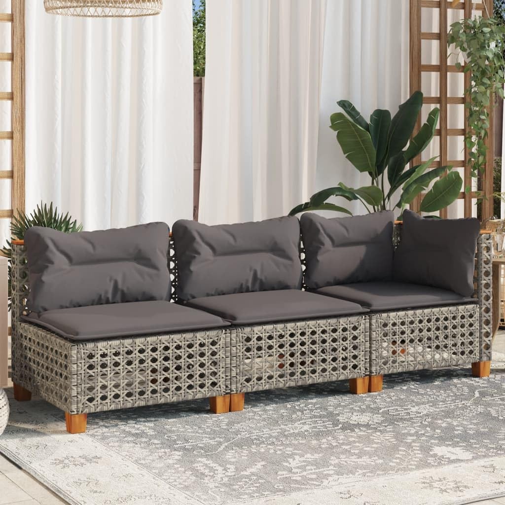 vidaXL Gartensofa 3-Sitzer, Gartensessel mit Kissen, Modular Loungesofa für Garten Terrasse, Sofa Garnitur Gartenmöbel, Grau Poly Rattan