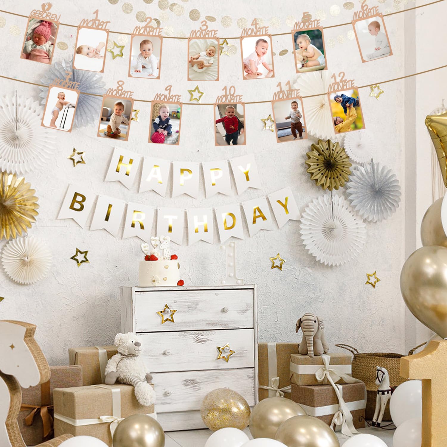 Coolon 1. Decorazione per foto di compleanno, 1 anno, ghirlanda per bambini da 1 a 12 mesi, decorazione da parete per ragazze e ragazzi (marrone