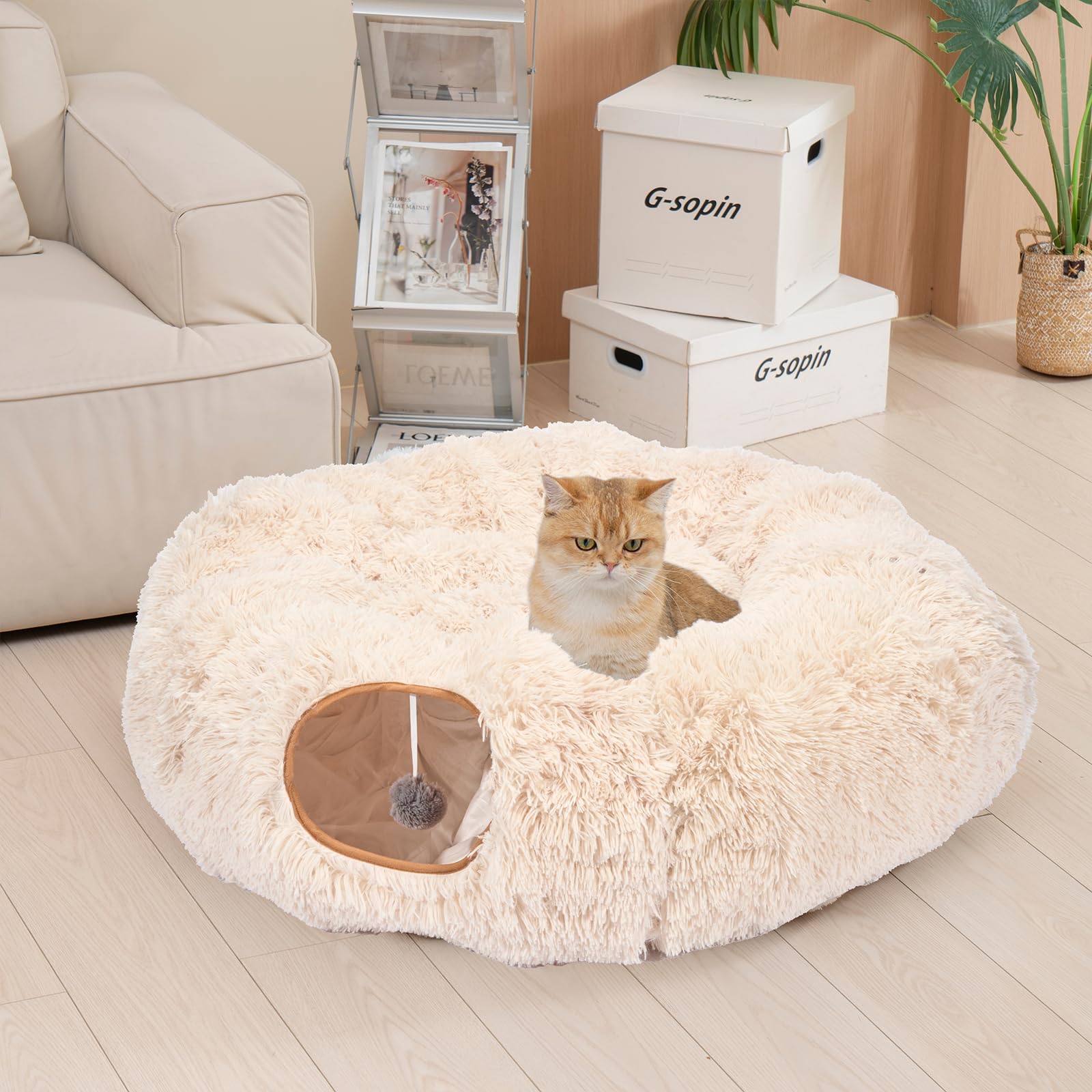 Avont Katzentunnel mit Zentralem Kissen, Weiche Katzenspielzeug Runde Multi-Function Versteck Katzenbett - Beige