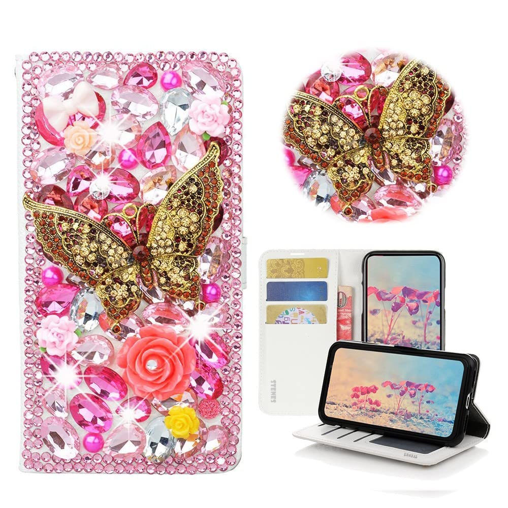 STENES Bling Wallet Phone Case Compatible with iPhone 11 Pro Max - Stylish - 3D Handmade Retro Butterfly Rose Floral Leather Cover Case - Pink