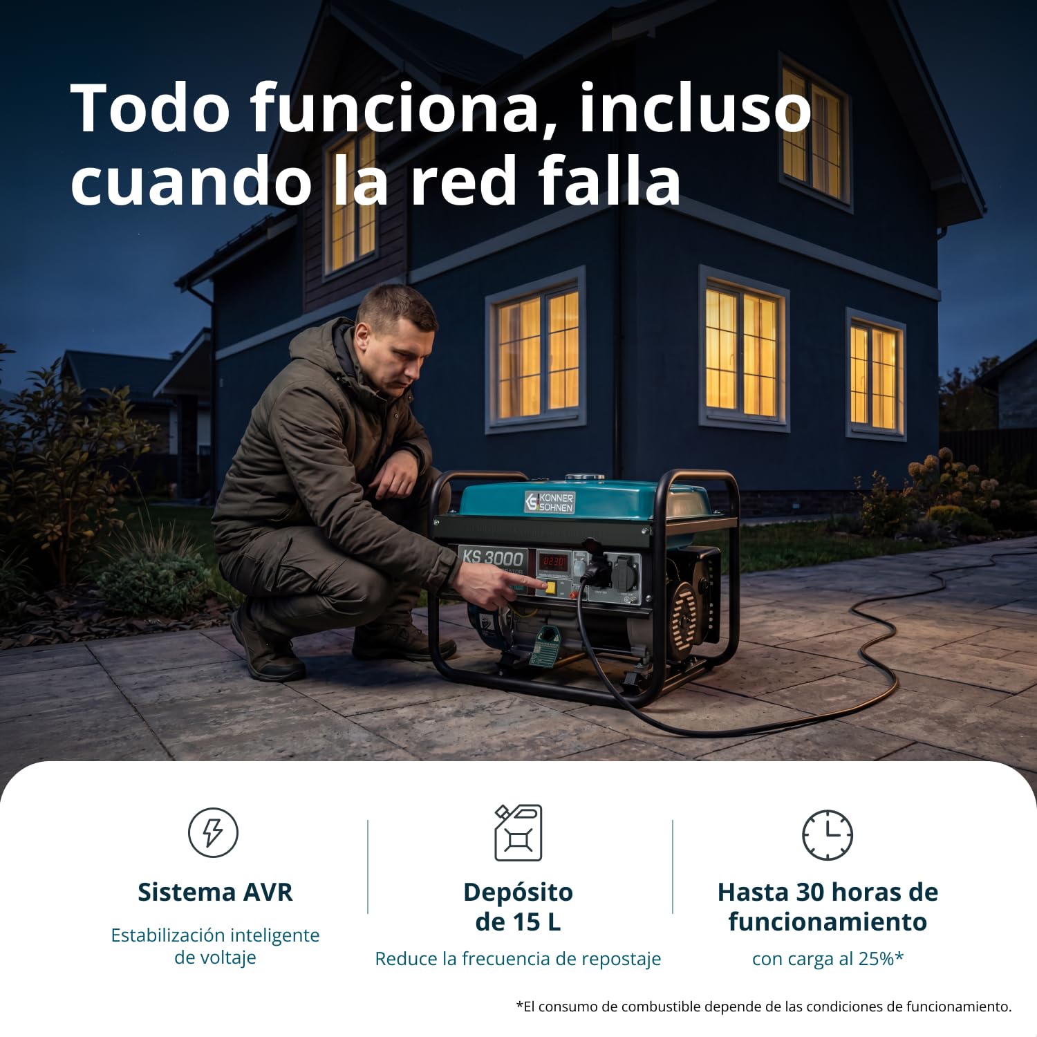 Könner & Söhner Generador de gasolina KS 3000, grupo electrogeno 3000W, 2x16 A (230 V),12 V, generador electrico con (AVR), indicador aceite, protección ante sobrecarga, pantalla