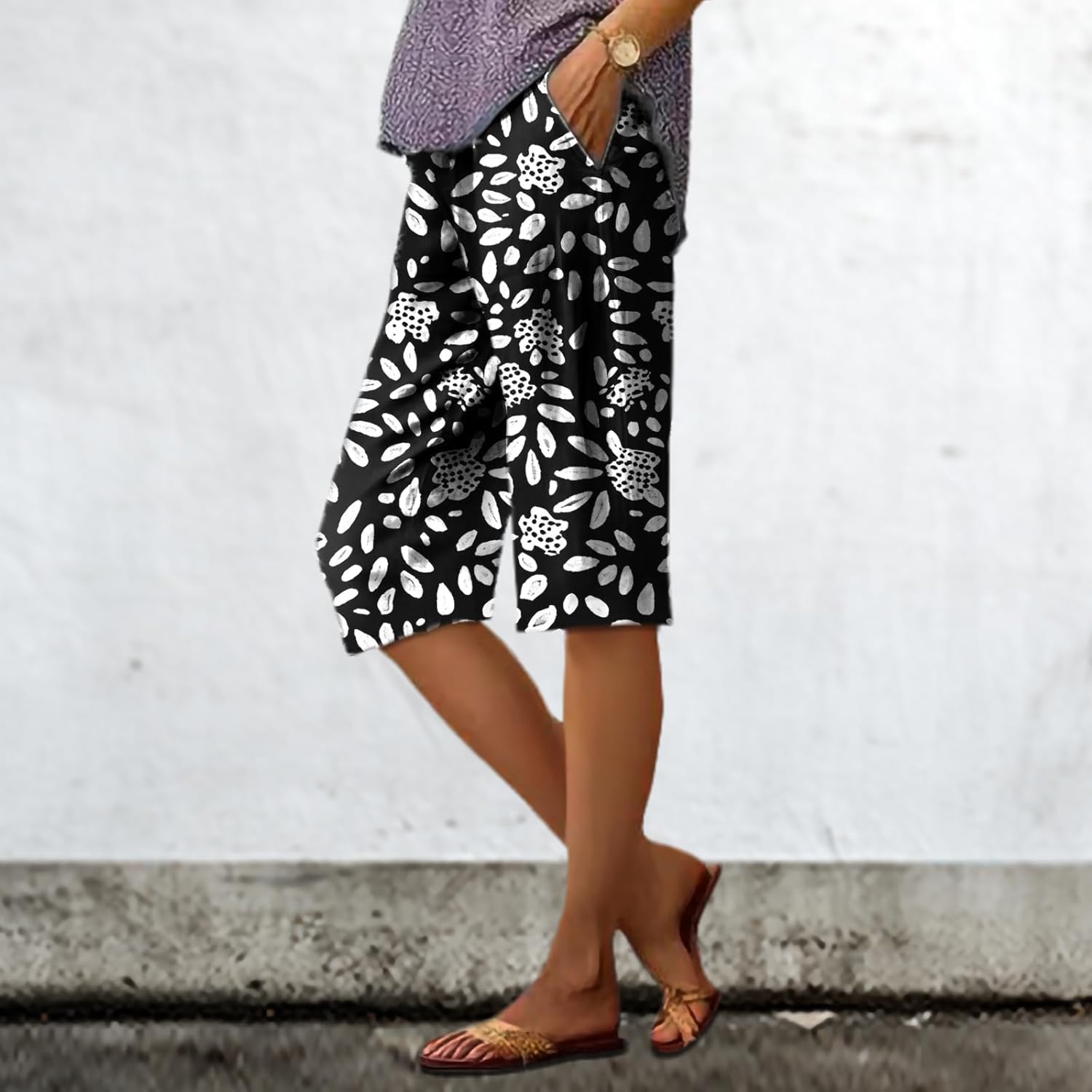 Summer Pants for Women Hawaiian Beach Vintage Floral Plus Size Elastic Waist Knee Length Comfortable Shorts - Image 2