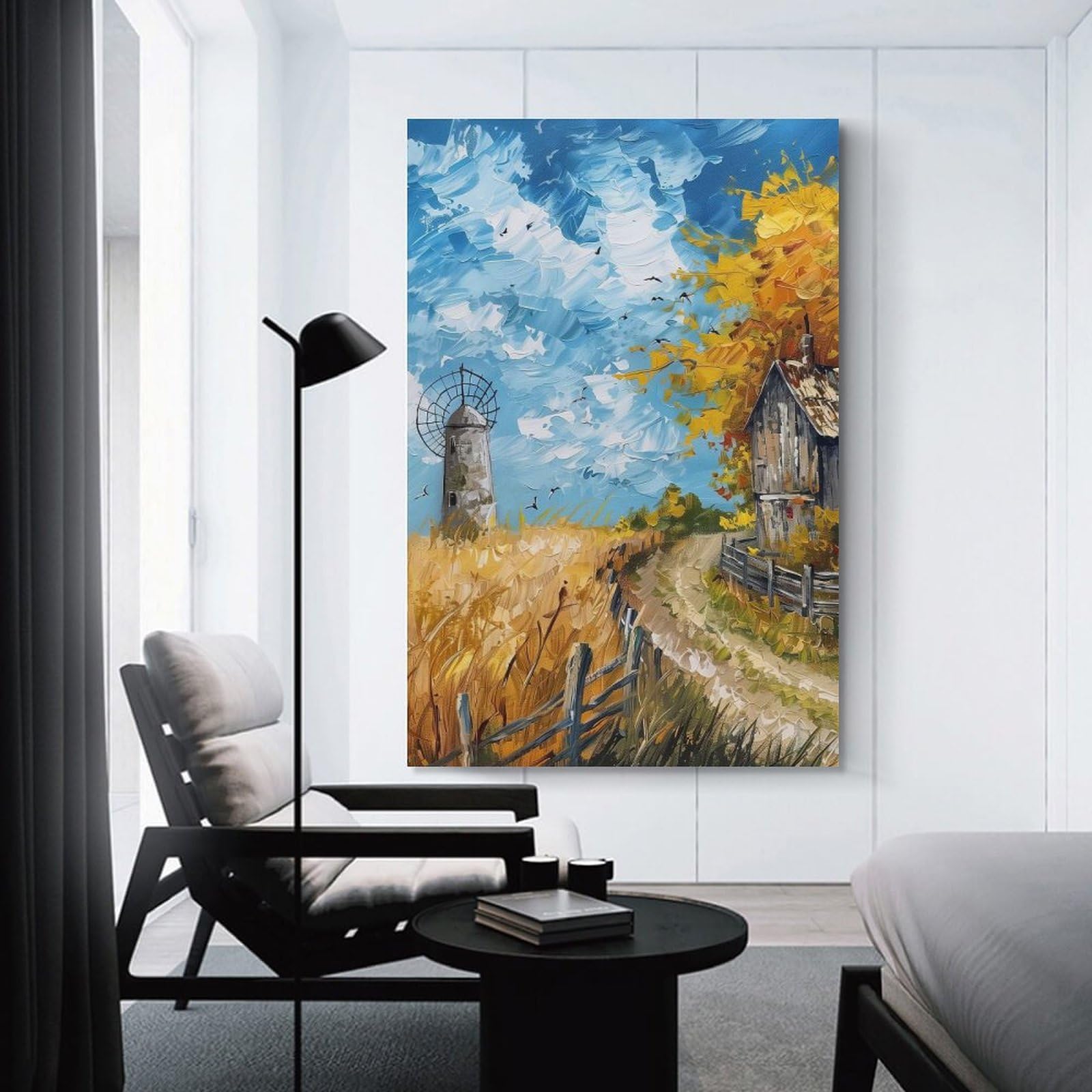 Junmoney Unframe-Style-19 Autumn Landscape With Windmill And Barn Wall Picture Print 20X30inch(50X75cm), For Bedroom Decor, Cosy Corners Or Studios, Home Artwork With A Soft Interior Feel
