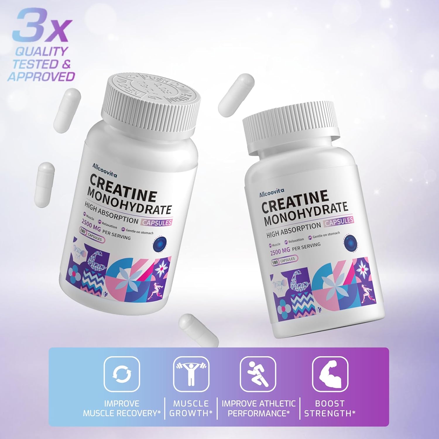Allcoovita Creatine Monohydrate Capsules -3 Creatine Capsules per Serving, 2500mg, Gluten Free, 180 Capsules