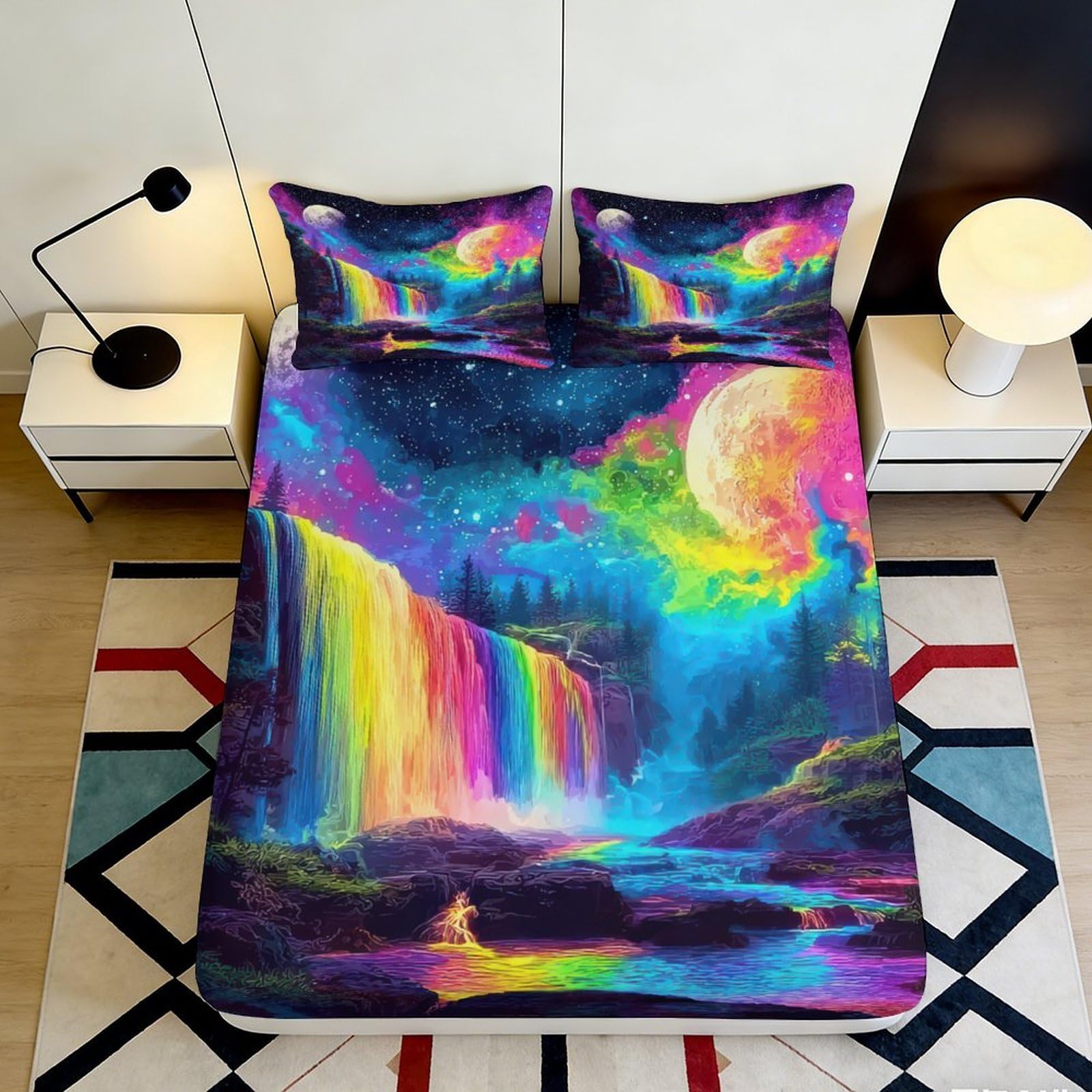 3D Printed Rainbow Waterfall Fitted Sheet Microfiber Vibrant Moon Mattress Cover for Bedroom Guest Room Decor 90x200x25cm