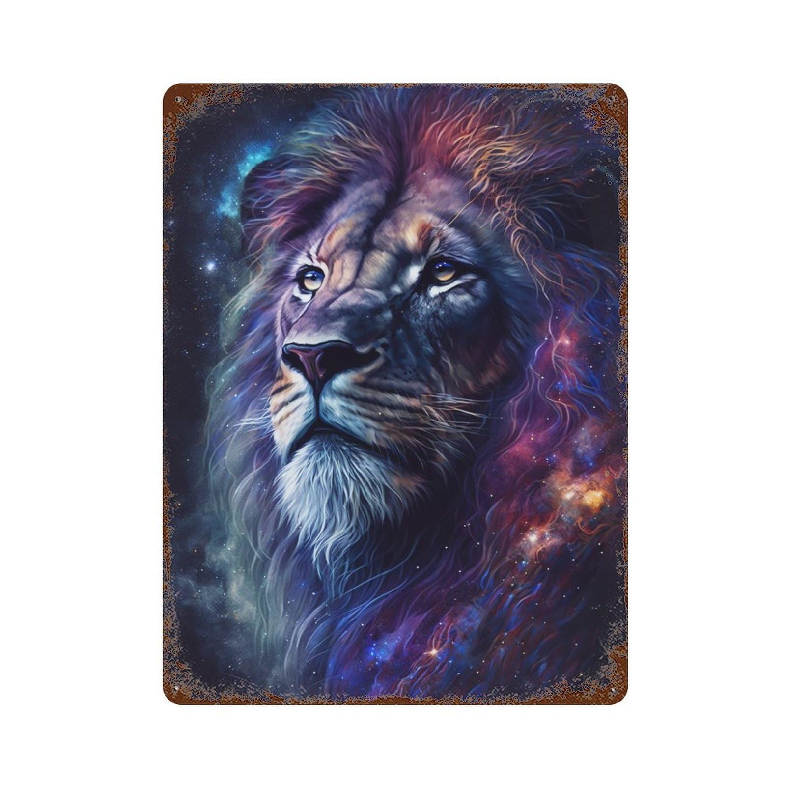 Rust Effect Cosmic Lion Art Print-22 Distressed Metal Wall Sign 15.7"x11.8", Farmhouse Wall Decor for Office, Studio And Wall Decor