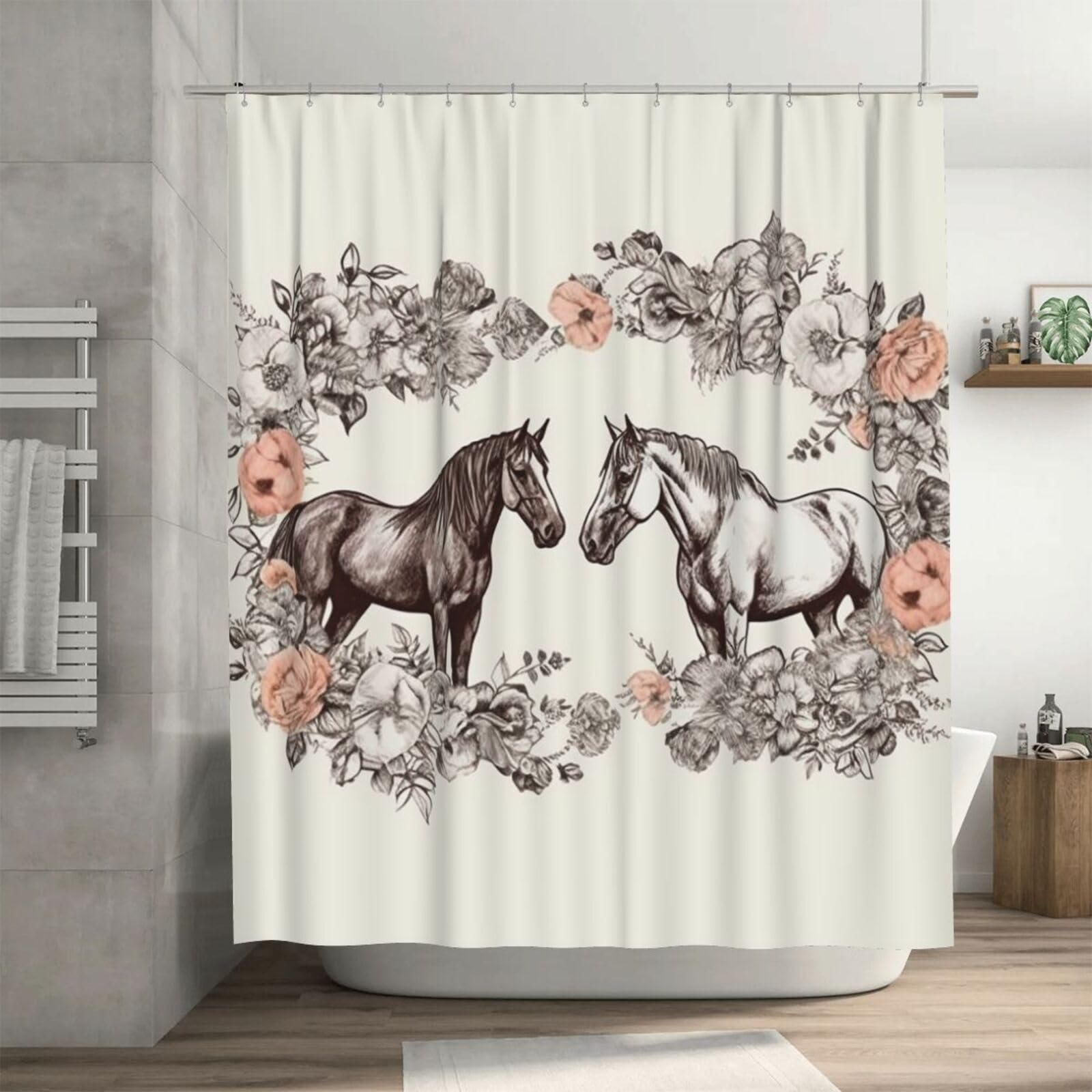 Rideau de douche imperméable au style bohème fleurs et chevaux pour décorer la salle de bain