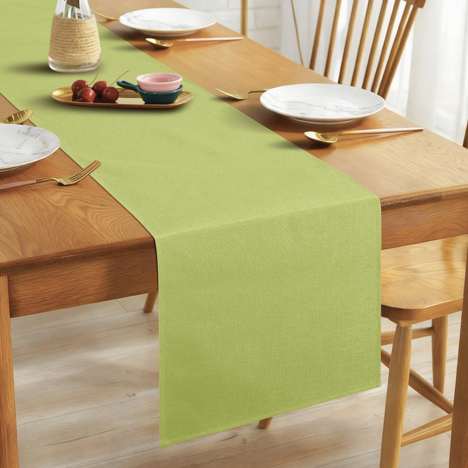 Alaoo Linen Table Runner, 40 * 140cm Elegant Rustic Farmhouse Table Runner, Washable Kitchen Dining Table Decoration for Dining Holiday Parties and Everyday Use, Light Green