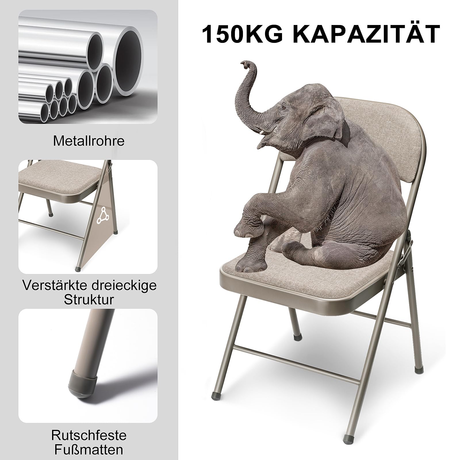 Set di 4 sedie da giardino impilabili, sedie pieghevoli da esterni e interno, sedie pieghevoli per giardini, campeggio, balconi, cucina, in metallo, portata fino a 150 kg, con tessuto cuscino, cachi