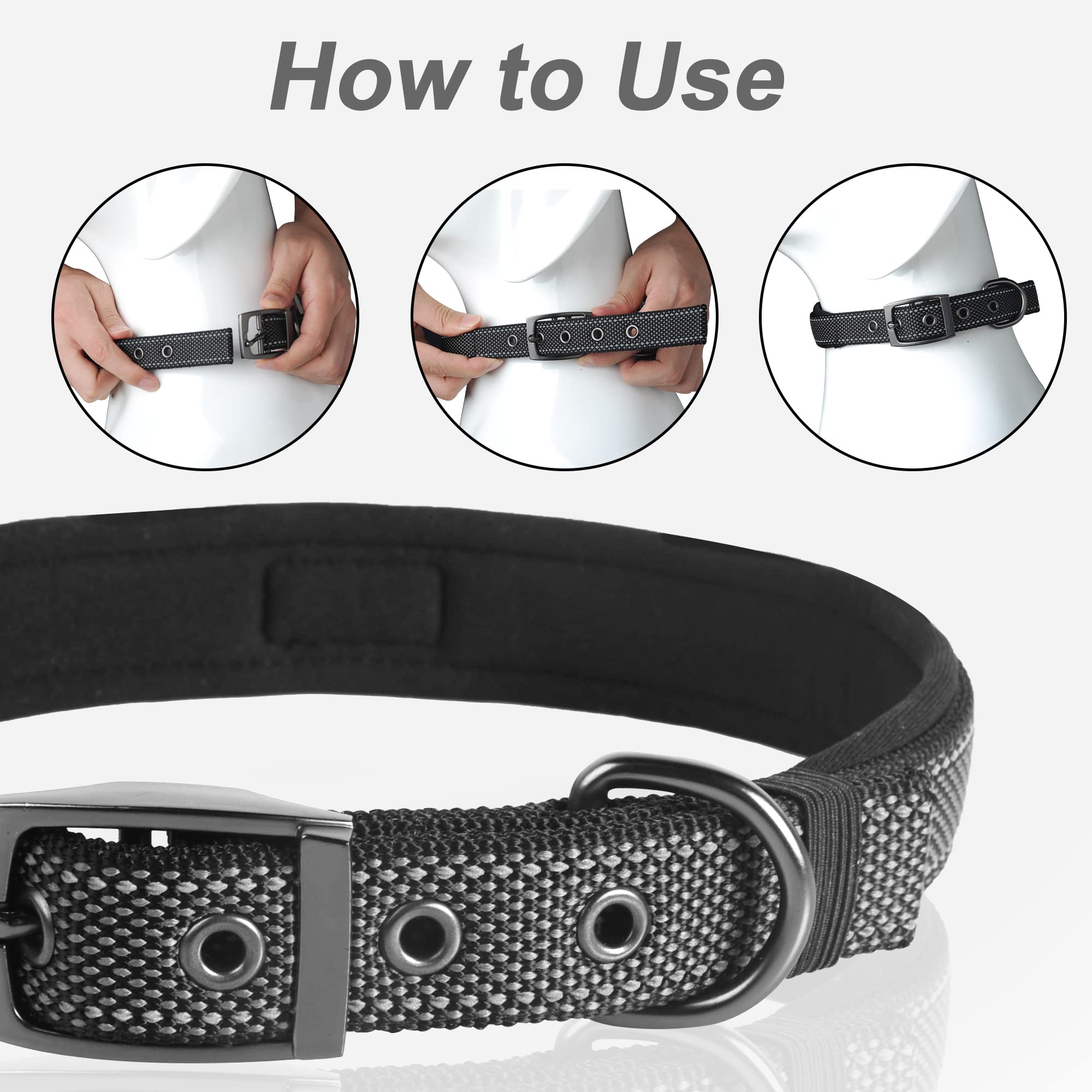 PetiFine Collar de perro resistente para perros medianos, collares de perro con hebilla Nikel reflectante, tamaño conveniente para todas las razas (14.5 a 19 pulgadas, negro)
