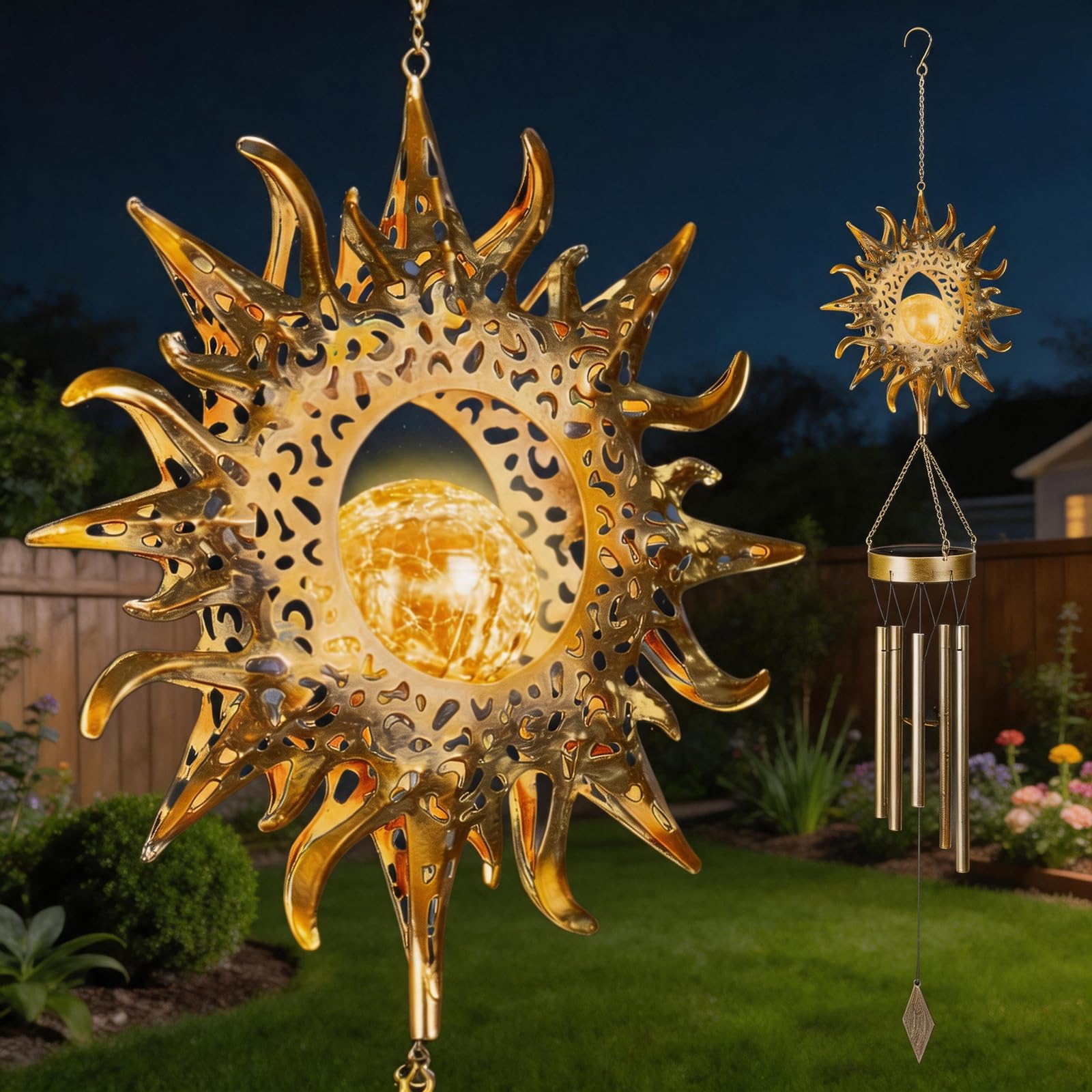 Campanello a vento solare con sfera in vetro craquelé, per esterni, a energia solare, per patio, giardino, balcone, decorazione perfetta per proprietari di case e appassionati di giardino