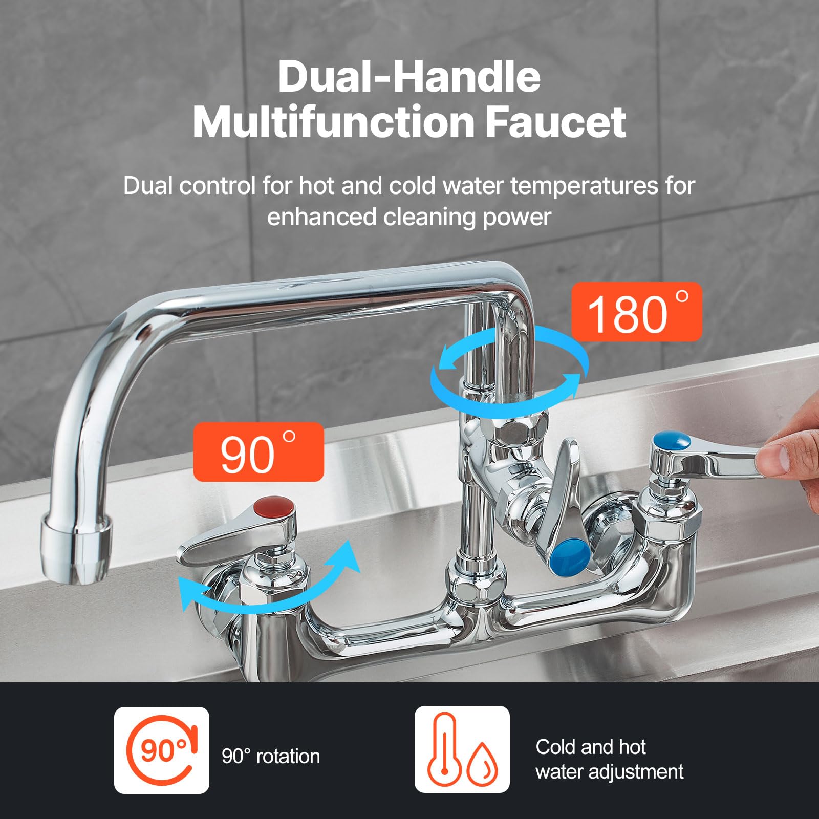 VEVOR Robinet de Cuisine Commercial avec Pulvérisateur de Pré-rinçage, Mitigeur avec Douchette Extractible, 630 mm de Haut, Entraxe 203 mm, Bec Pivotant 305 mm, Mural pour Évier 1/2/3 Compartiments