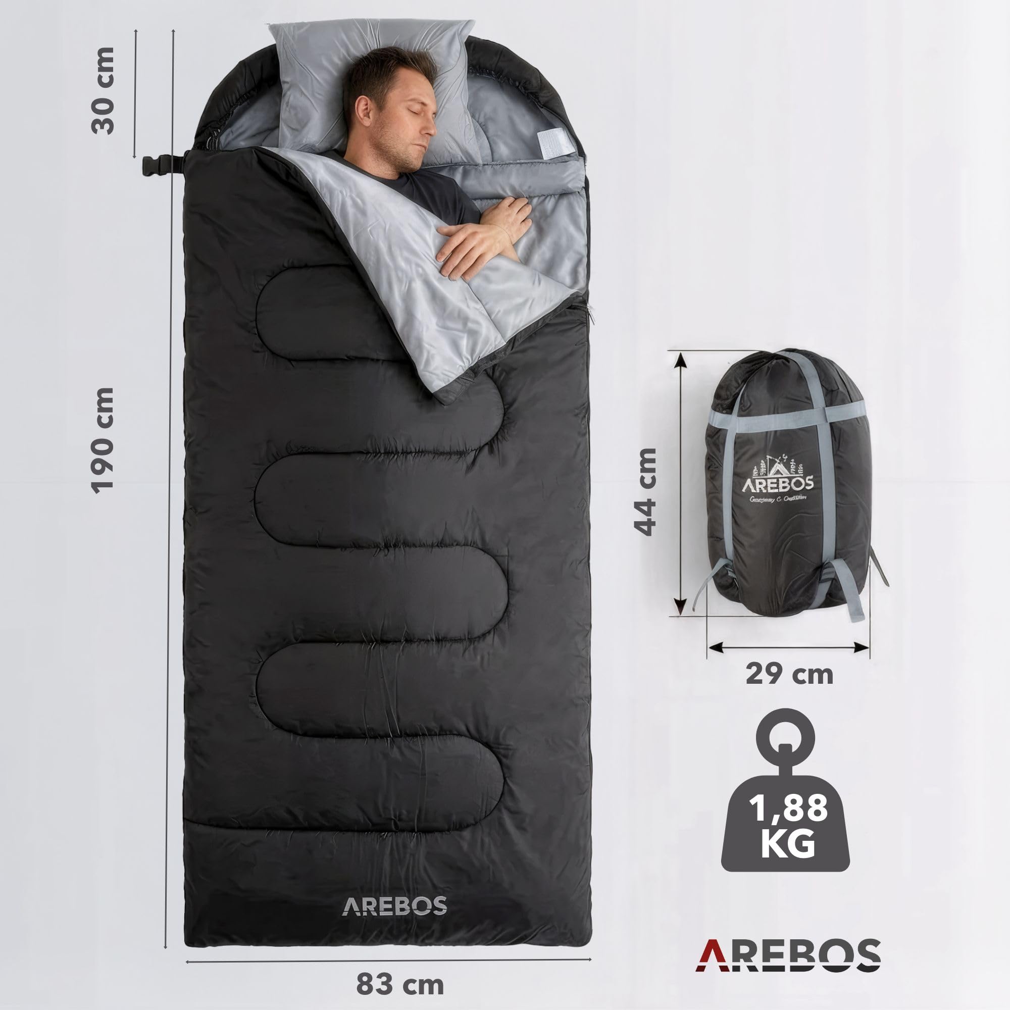 Arebos Śpiwór | 220 x 83 cm | Prostokątny Śpiwór Kempingowy dla Dorosłych | 5-25°C | Wodoodporny | Dwukierunkowy Zamek | Worek Kompresyjny