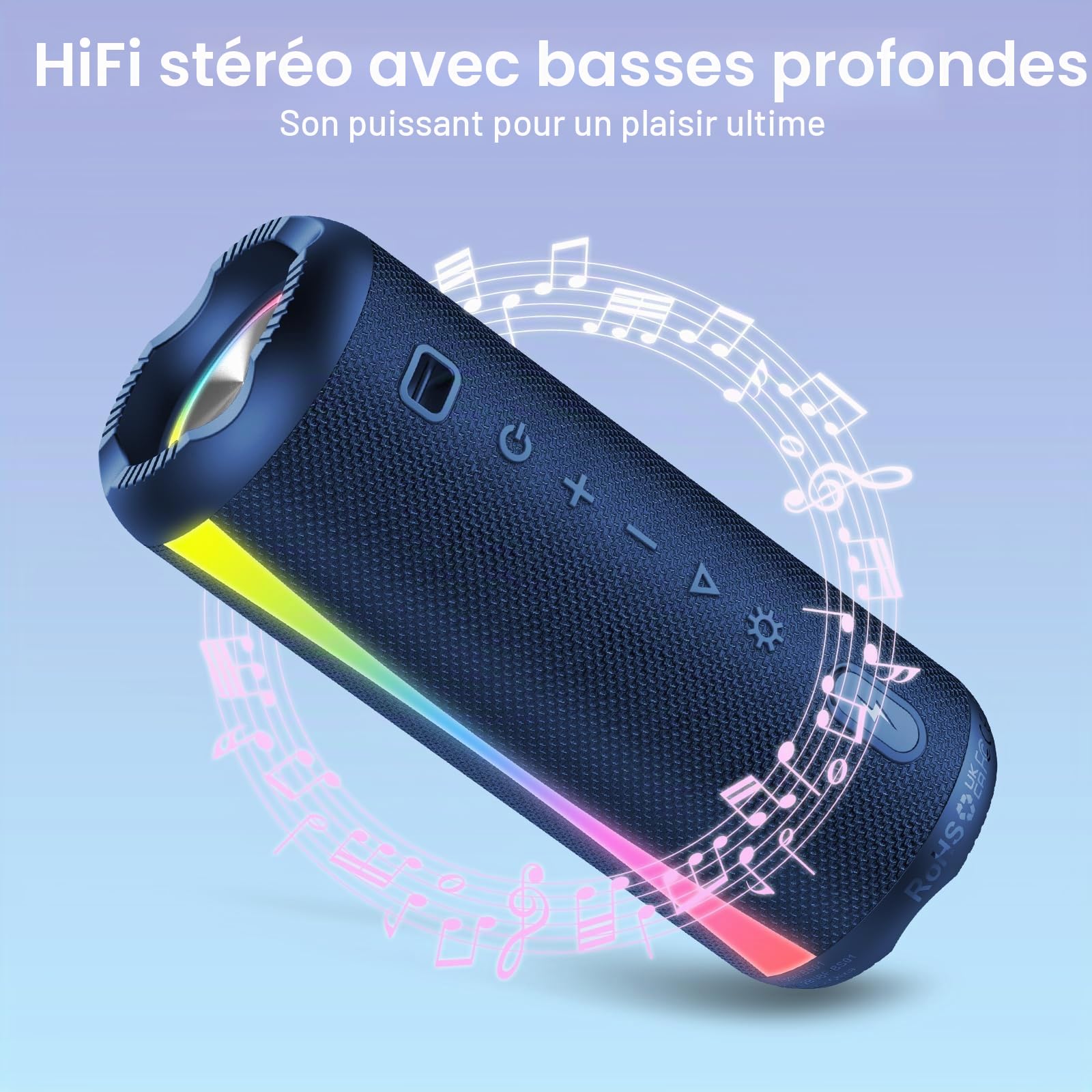 Enceinte Bluetooth 5.4 avec lumières RVB, boîte à Musique Portable, Fonction Mains Libres, Batterie 20 h, étanche IPX7, jumelage TWS Son Fantastique, Convient pour l'extérieur et Les fêtes