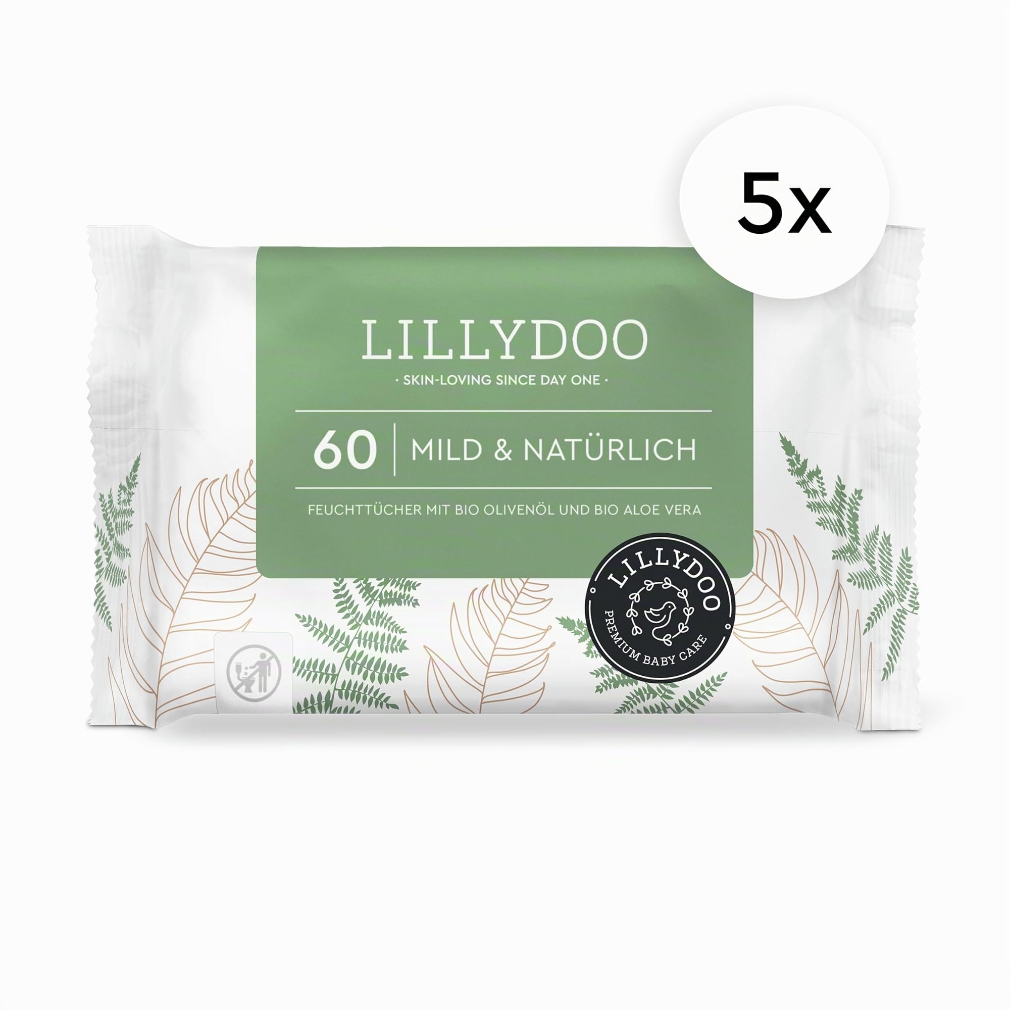 LILLYDOO Salviettine Naturali Green 300 Pezzi (5x60) Senza Plastica Resistenti agli Strappi